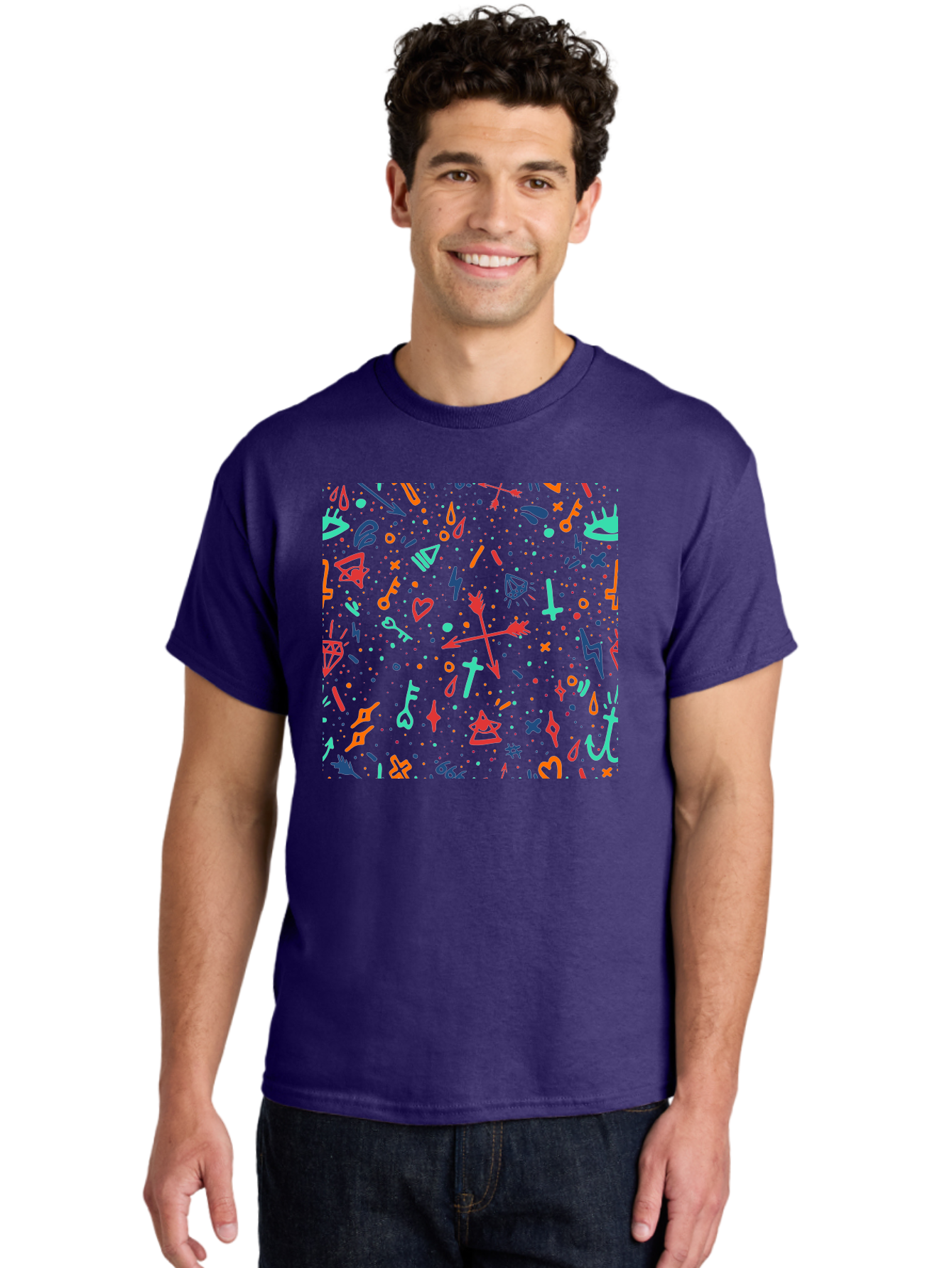Memphis-Pattern Men'S Graphic Tee, 100% Cotton, Comfortable Casual Summer Wear, Machine Washable, Symbolic Patterns, Mystical Symbols, Occult Designs, Magical Elements, Daggers, Keys, Hearts, Stars, Mystical Themes, Spiritual Motifs, Aac405