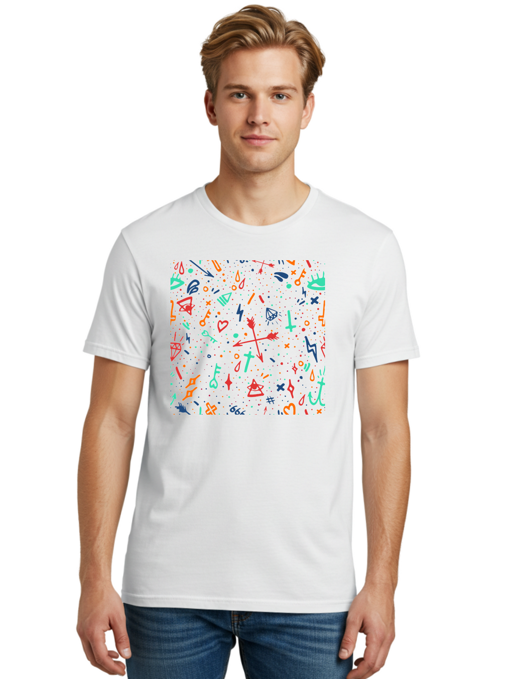 Memphis-Pattern Men'S Graphic Tee, 100% Cotton, Comfortable Casual Summer Wear, Machine Washable, Symbolic Patterns, Mystical Symbols, Occult Designs, Magical Elements, Daggers, Keys, Hearts, Stars, Mystical Themes, Spiritual Motifs, Aac405