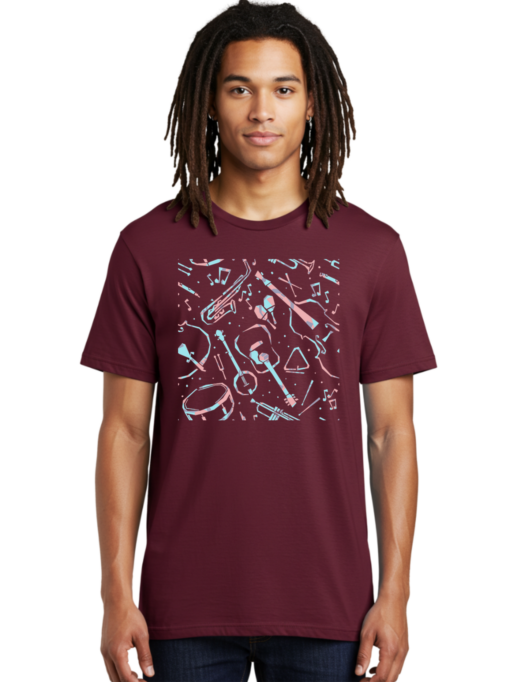 Music-Instruments-Pattern-1 Men'S Graphic Tee, 100% Cotton, Comfortable Casual Summer Wear, Machine Washable, Music Instruments, Musical Notes, Guitar, Saxophone, Trumpet, Drum, Violin, Abstract Art, Creative Design, Musical Elements, Aac407