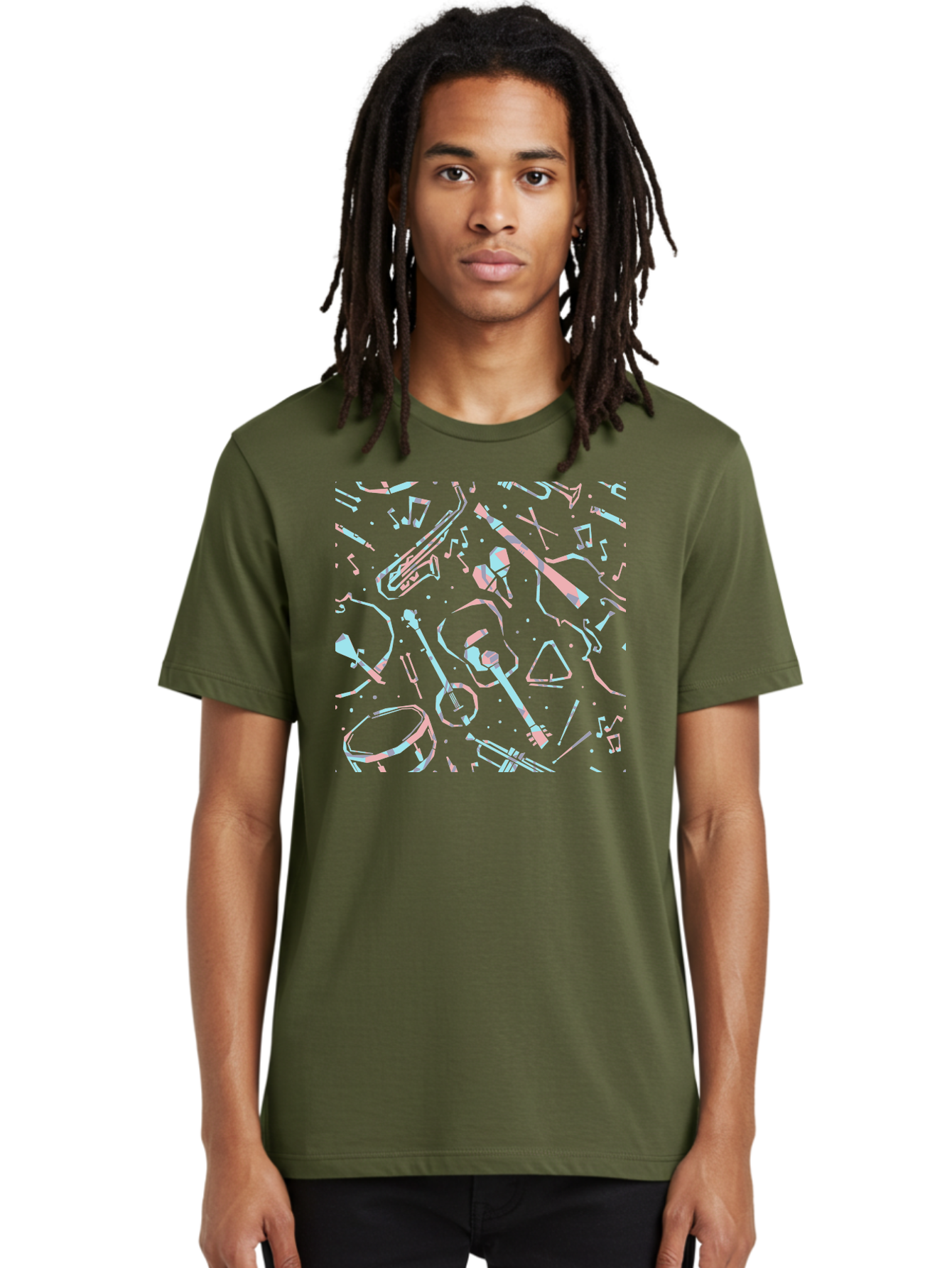Music-Instruments-Pattern-1 Men'S Graphic Tee, 100% Cotton, Comfortable Casual Summer Wear, Machine Washable, Music Instruments, Musical Notes, Guitar, Saxophone, Trumpet, Drum, Violin, Abstract Art, Creative Design, Musical Elements, Aac407