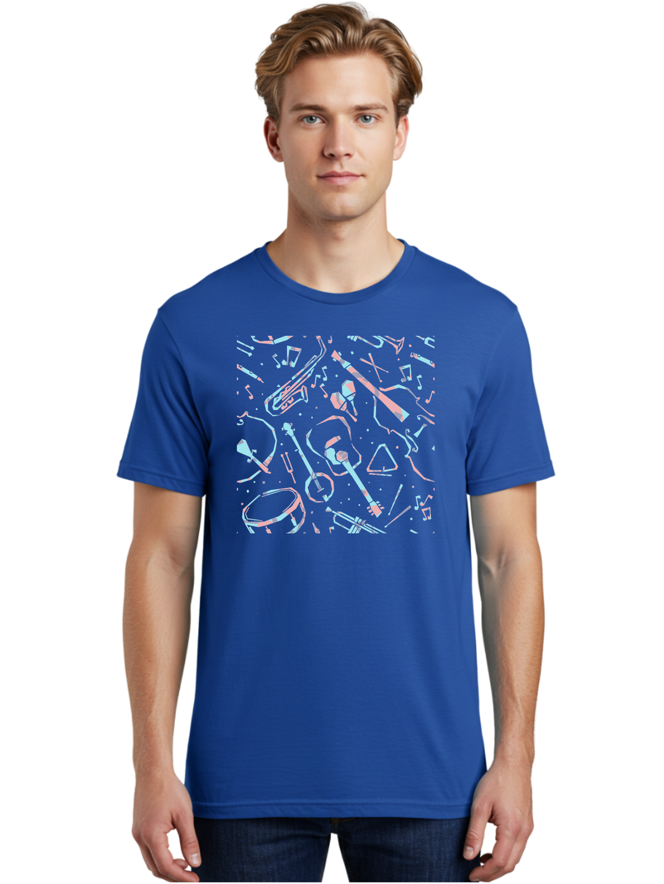 Music-Instruments-Pattern-1 Men'S Graphic Tee, 100% Cotton, Comfortable Casual Summer Wear, Machine Washable, Music Instruments, Musical Notes, Guitar, Saxophone, Trumpet, Drum, Violin, Abstract Art, Creative Design, Musical Elements, Aac407