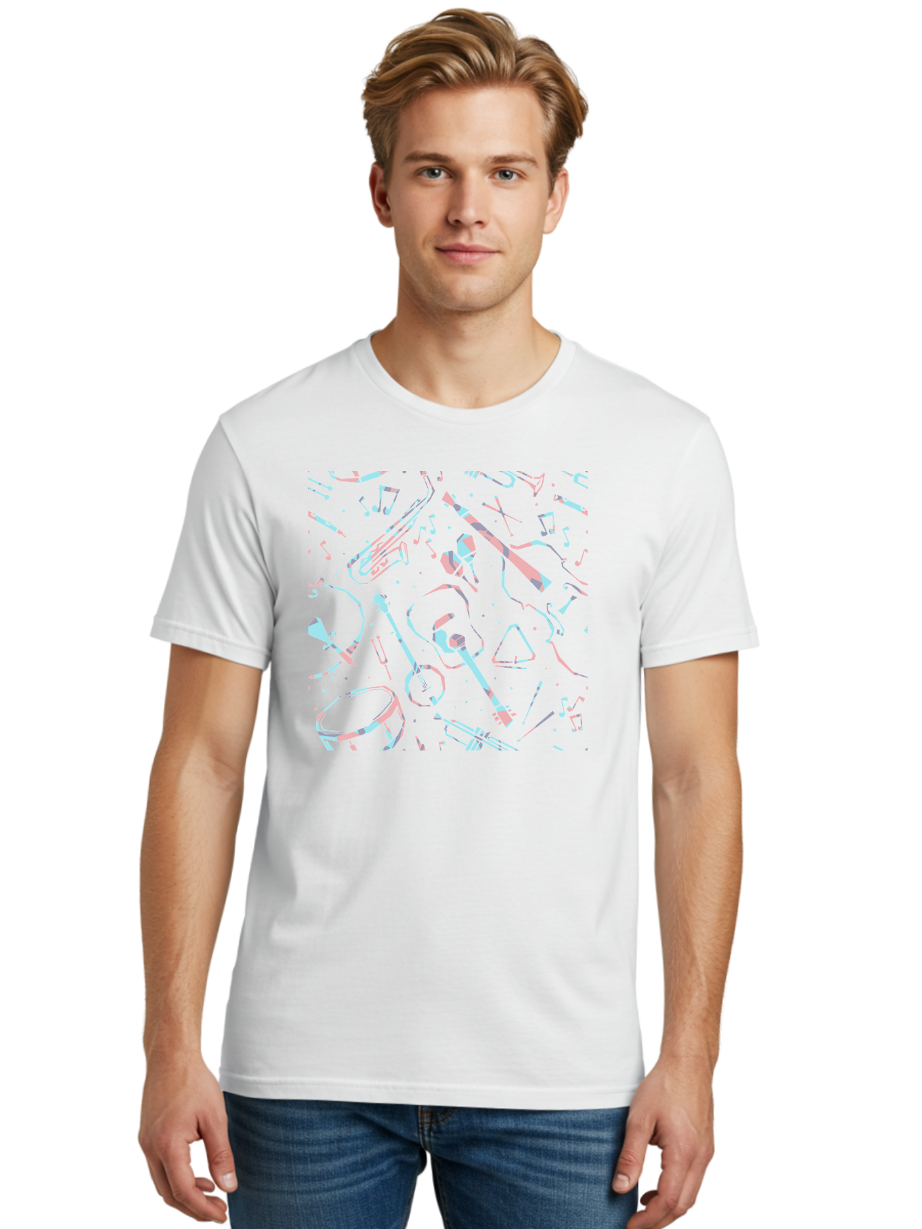 Music-Instruments-Pattern-1 Men'S Graphic Tee, 100% Cotton, Comfortable Casual Summer Wear, Machine Washable, Music Instruments, Musical Notes, Guitar, Saxophone, Trumpet, Drum, Violin, Abstract Art, Creative Design, Musical Elements, Aac407