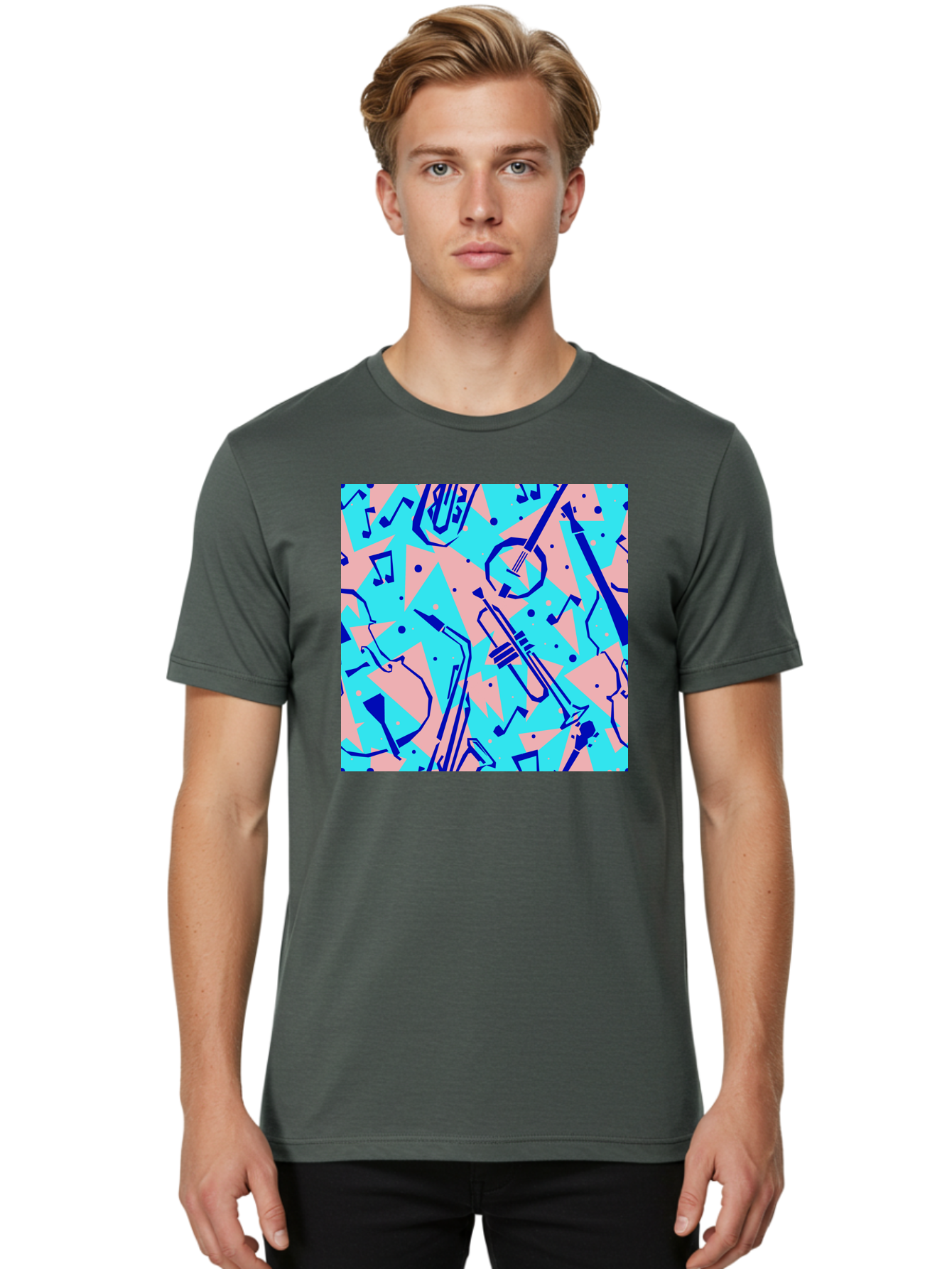 Music-Instruments-Pattern Men'S Graphic Tee, 100% Cotton, Comfortable Casual Summer Wear, Machine Washable, Musical Instruments, Jazz Instruments, Trumpet, Saxophone, Music Notes, Abstract Pattern, Creative Design, Vibrant Colors, Aac408