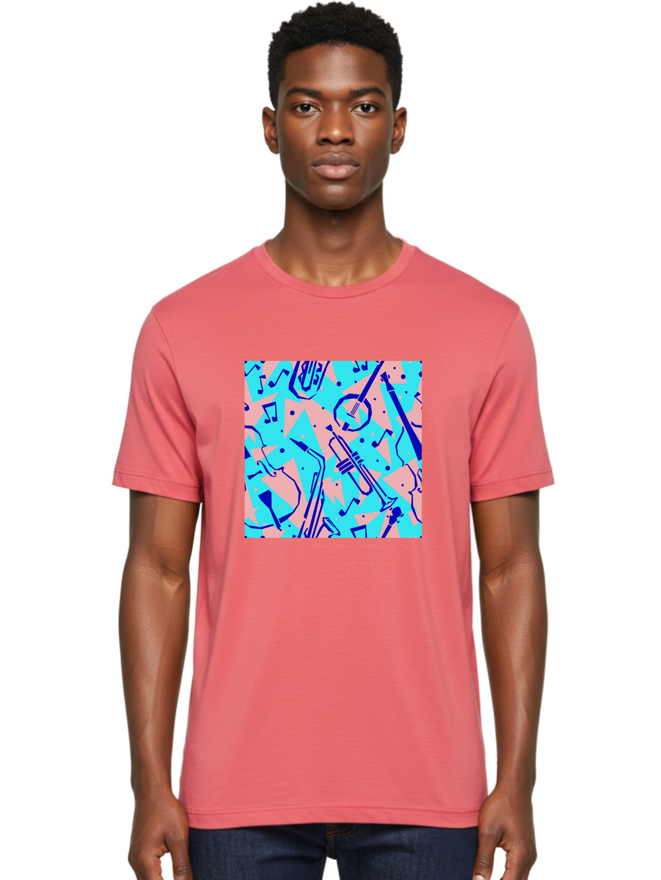 Music-Instruments-Pattern Men'S Graphic Tee, 100% Cotton, Comfortable Casual Summer Wear, Machine Washable, Musical Instruments, Jazz Instruments, Trumpet, Saxophone, Music Notes, Abstract Pattern, Creative Design, Vibrant Colors, Aac408