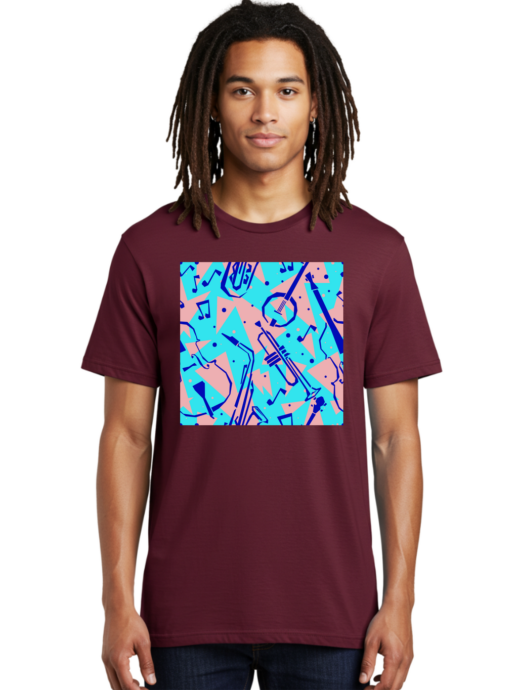Music-Instruments-Pattern Men'S Graphic Tee, 100% Cotton, Comfortable Casual Summer Wear, Machine Washable, Musical Instruments, Jazz Instruments, Trumpet, Saxophone, Music Notes, Abstract Pattern, Creative Design, Vibrant Colors, Aac408