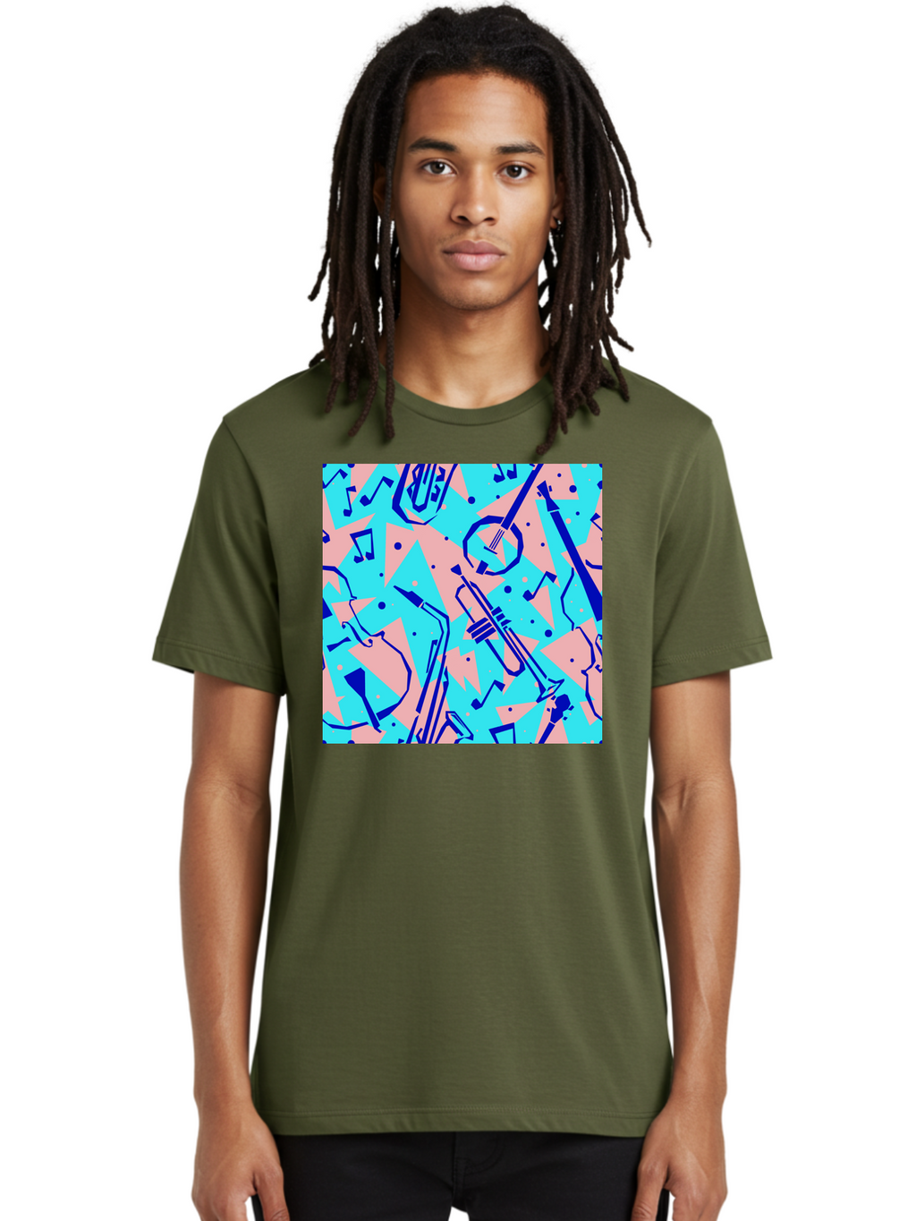 Music-Instruments-Pattern Men'S Graphic Tee, 100% Cotton, Comfortable Casual Summer Wear, Machine Washable, Musical Instruments, Jazz Instruments, Trumpet, Saxophone, Music Notes, Abstract Pattern, Creative Design, Vibrant Colors, Aac408