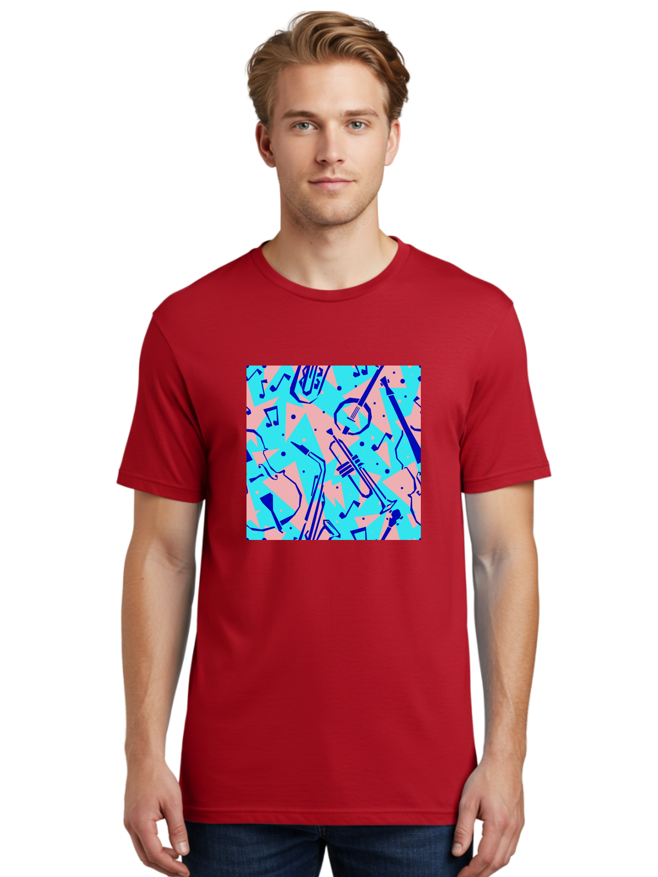 Music-Instruments-Pattern Men'S Graphic Tee, 100% Cotton, Comfortable Casual Summer Wear, Machine Washable, Musical Instruments, Jazz Instruments, Trumpet, Saxophone, Music Notes, Abstract Pattern, Creative Design, Vibrant Colors, Aac408