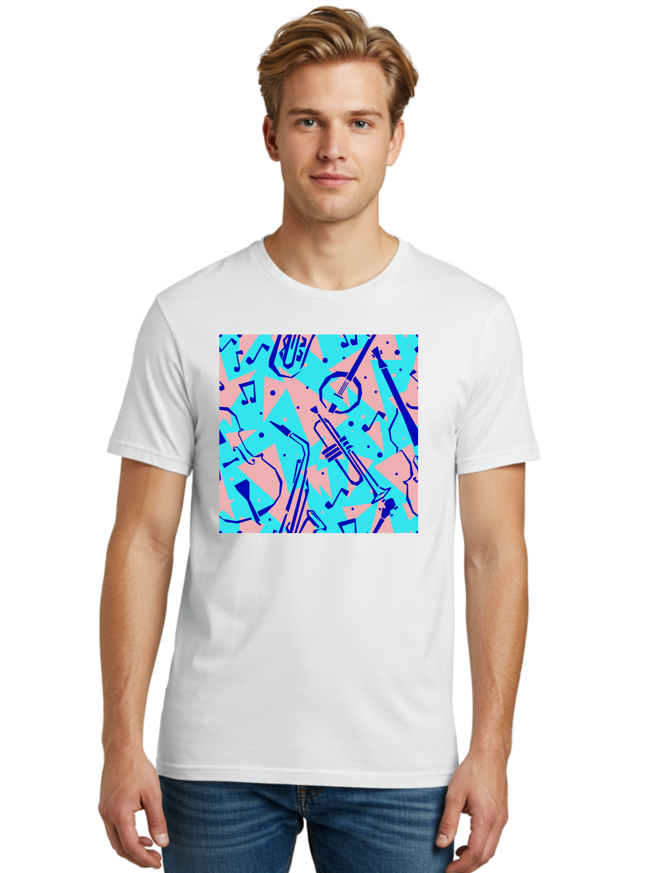 Music-Instruments-Pattern Men'S Graphic Tee, 100% Cotton, Comfortable Casual Summer Wear, Machine Washable, Musical Instruments, Jazz Instruments, Trumpet, Saxophone, Music Notes, Abstract Pattern, Creative Design, Vibrant Colors, Aac408