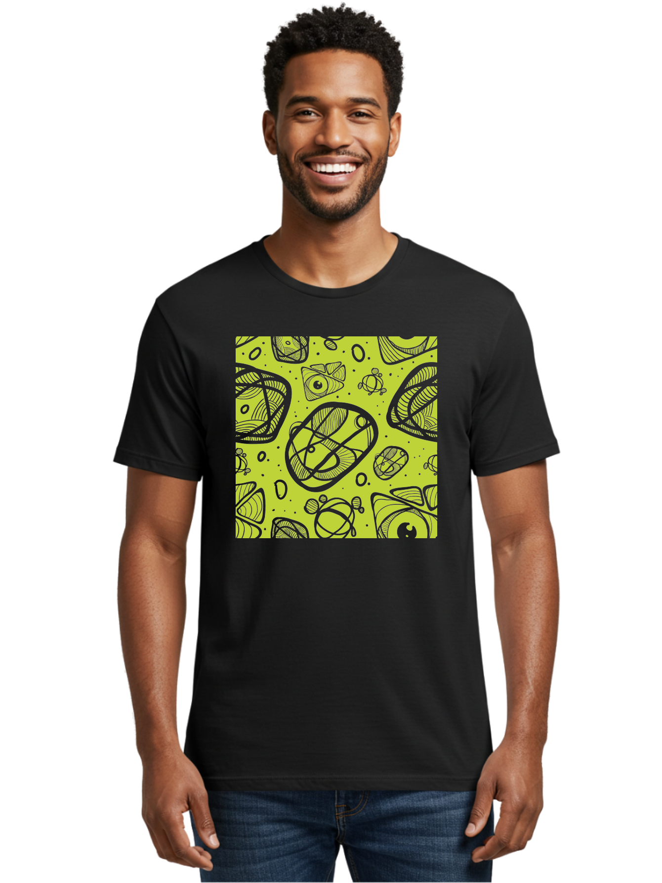 Ocean-Life Men'S Graphic Tee, 100% Cotton, Comfortable Casual Summer Wear, Machine Washable, Stylish Fish Illustrations, Ocean Creatures, Abstract Art, White Line Drawings, Playful Patterns, Whimsical Designs, Food-Inspired Artwork, Aac409