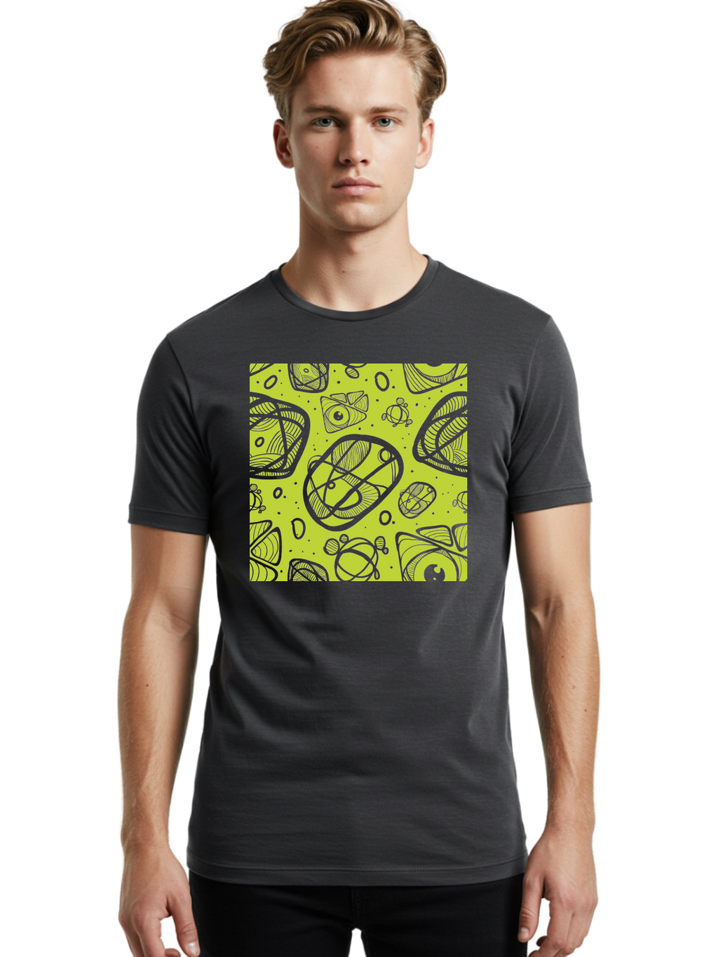 Ocean-Life Men'S Graphic Tee, 100% Cotton, Comfortable Casual Summer Wear, Machine Washable, Stylish Fish Illustrations, Ocean Creatures, Abstract Art, White Line Drawings, Playful Patterns, Whimsical Designs, Food-Inspired Artwork, Aac409