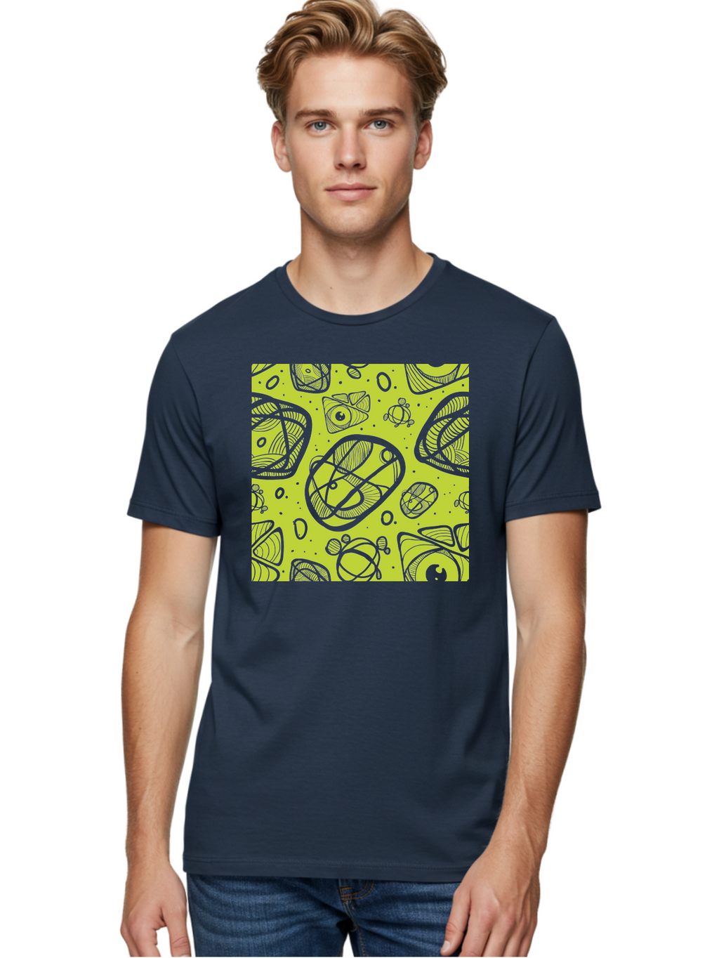 Ocean-Life Men'S Graphic Tee, 100% Cotton, Comfortable Casual Summer Wear, Machine Washable, Stylish Fish Illustrations, Ocean Creatures, Abstract Art, White Line Drawings, Playful Patterns, Whimsical Designs, Food-Inspired Artwork, Aac409