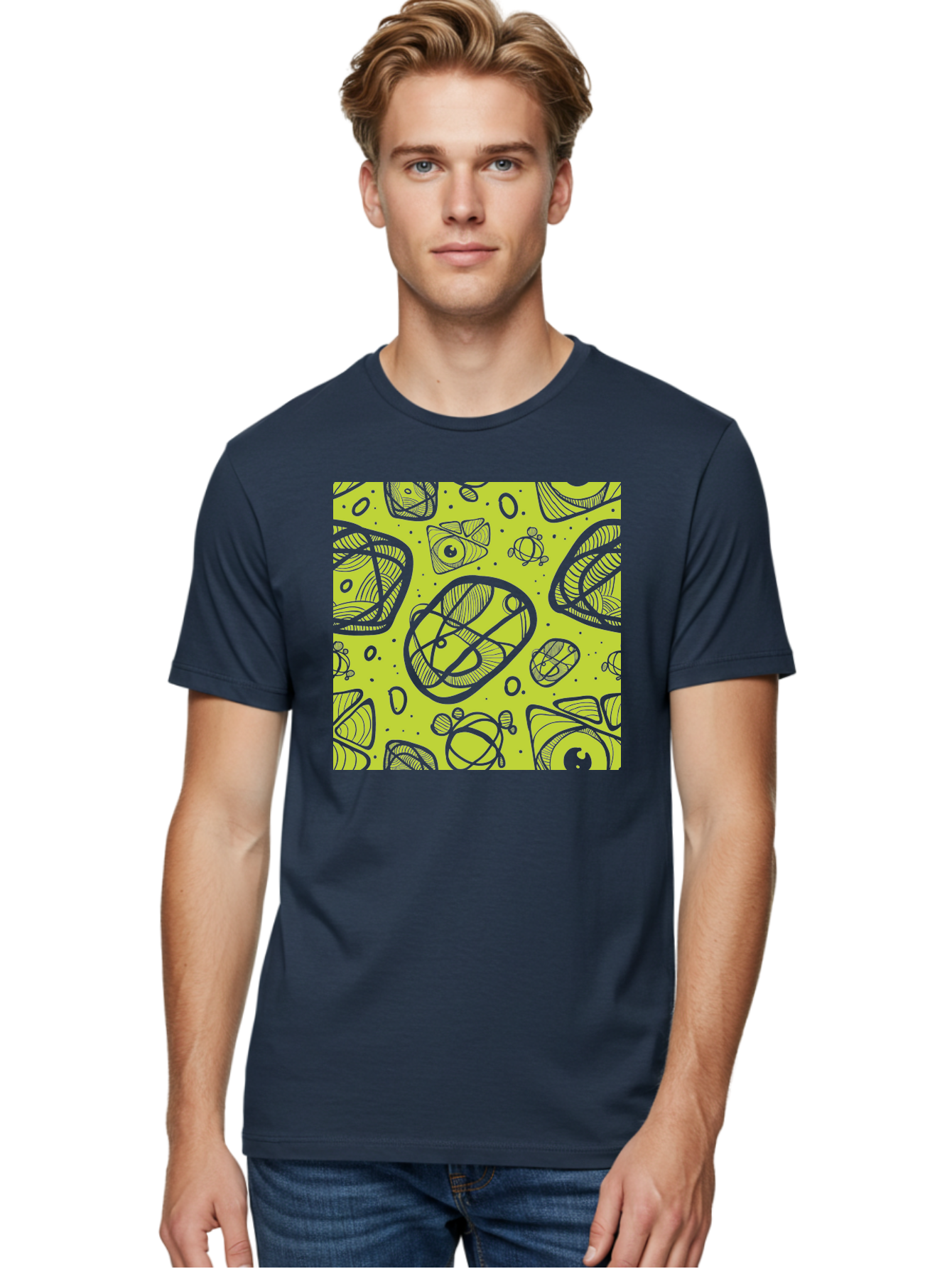 Ocean-Life Men'S Graphic Tee, 100% Cotton, Comfortable Casual Summer Wear, Machine Washable, Stylish Fish Illustrations, Ocean Creatures, Abstract Art, White Line Drawings, Playful Patterns, Whimsical Designs, Food-Inspired Artwork, Aac409
