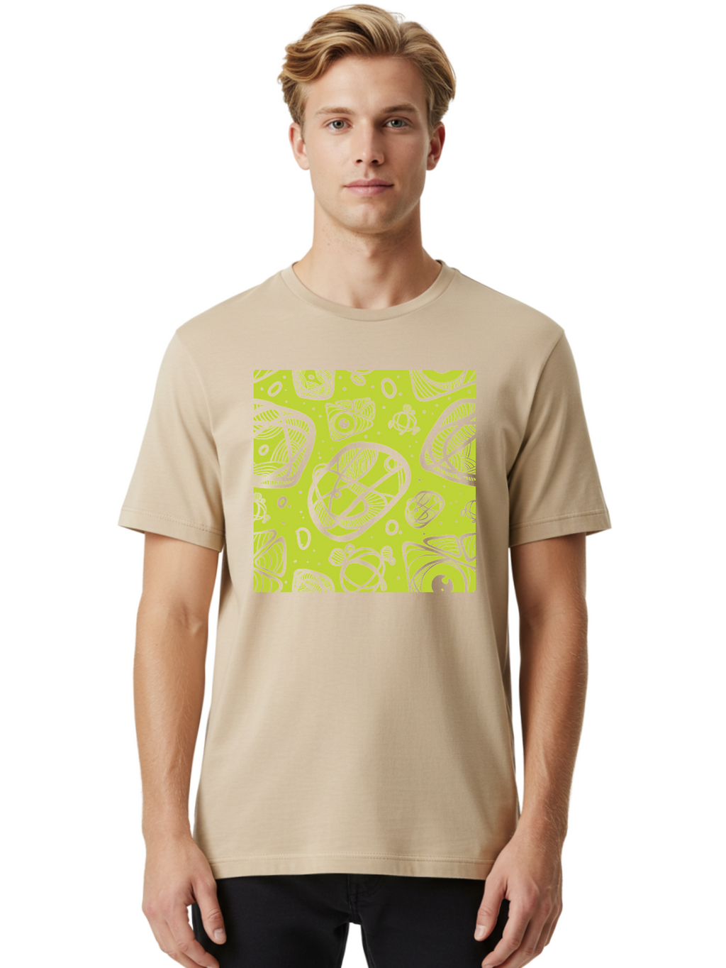 Ocean-Life Men'S Graphic Tee, 100% Cotton, Comfortable Casual Summer Wear, Machine Washable, Stylish Fish Illustrations, Ocean Creatures, Abstract Art, White Line Drawings, Playful Patterns, Whimsical Designs, Food-Inspired Artwork, Aac409
