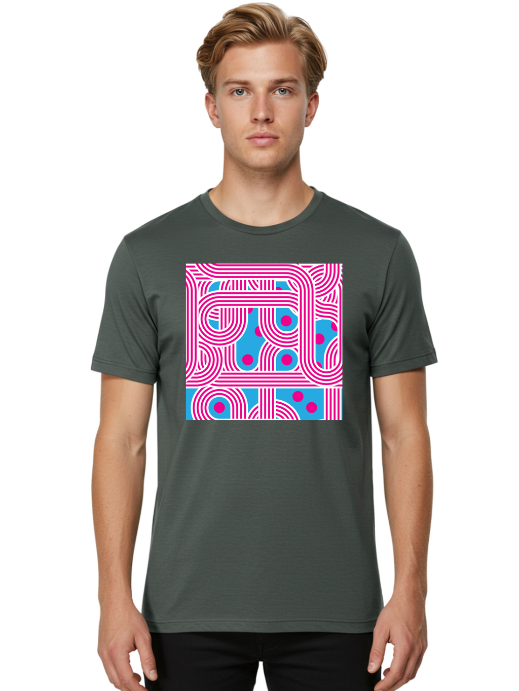 Pink-Lines-And-Dots Men'S Graphic Tee, 100% Cotton, Comfortable Casual Summer Wear, Machine Washable, Pink Lines Pattern, Blue Background, Geometric Shapes, Abstract Design, Vibrant Colors, Modern Art, Playful Graphics, Contemporary Style Aac411
