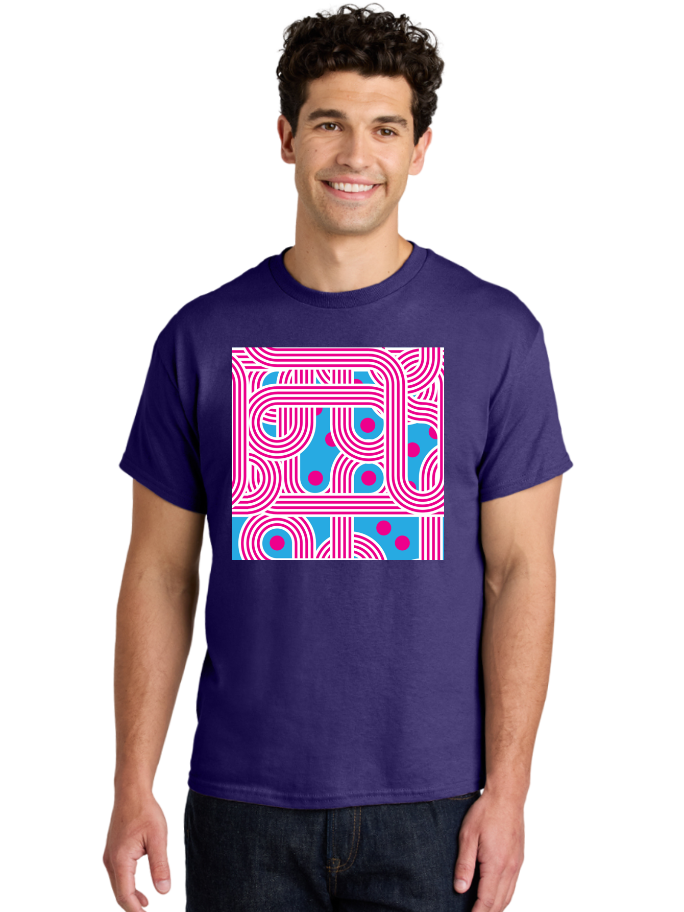 Pink-Lines-And-Dots Men'S Graphic Tee, 100% Cotton, Comfortable Casual Summer Wear, Machine Washable, Pink Lines Pattern, Blue Background, Geometric Shapes, Abstract Design, Vibrant Colors, Modern Art, Playful Graphics, Contemporary Style Aac411