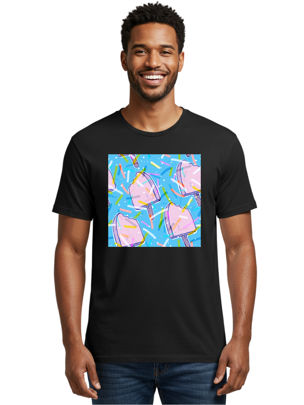 Pink-Popsicles Men'S Graphic Tee, 100% Cotton, Comfortable Casual Summer Wear, Machine Washable, Pink Ice Cream, Ice Pops, Colorful Sprinkles, Sweet Treats, Summer Fun, Candy Coating, Pastel Colors, Festive Atmosphere, Party Theme Aac412