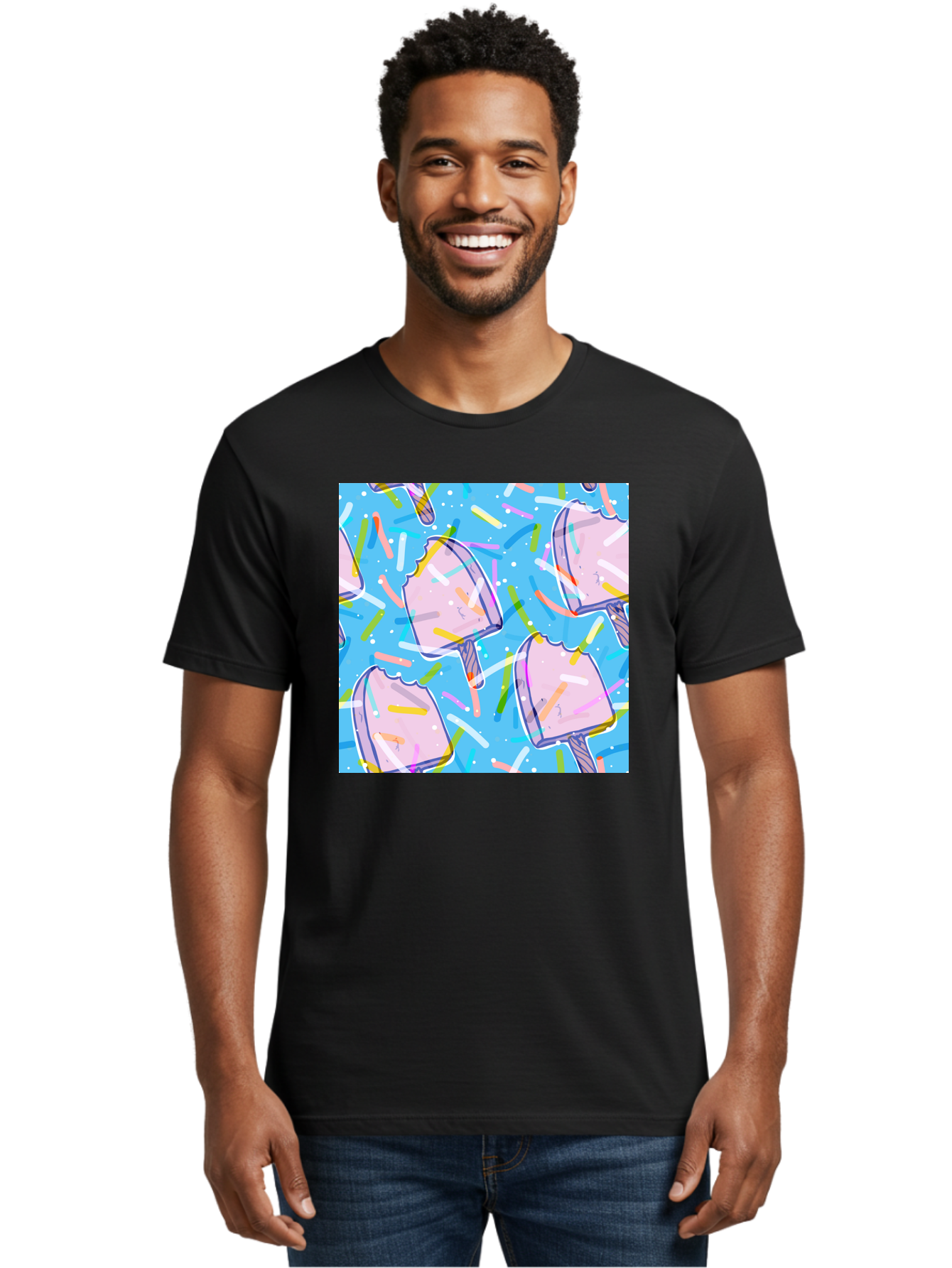 Pink-Popsicles Men'S Graphic Tee, 100% Cotton, Comfortable Casual Summer Wear, Machine Washable, Pink Ice Cream, Ice Pops, Colorful Sprinkles, Sweet Treats, Summer Fun, Candy Coating, Pastel Colors, Festive Atmosphere, Party Theme Aac412