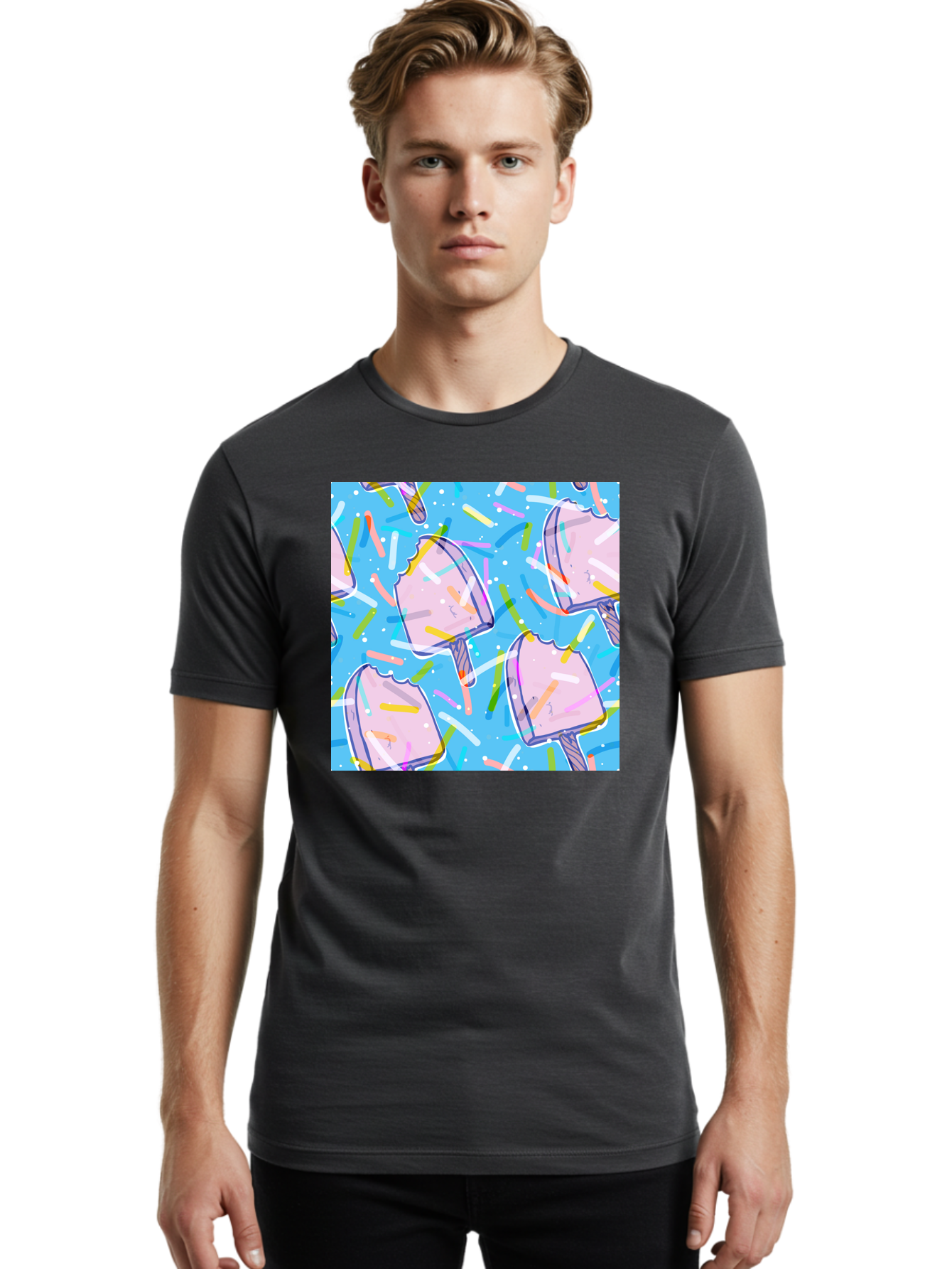 Pink-Popsicles Men'S Graphic Tee, 100% Cotton, Comfortable Casual Summer Wear, Machine Washable, Pink Ice Cream, Ice Pops, Colorful Sprinkles, Sweet Treats, Summer Fun, Candy Coating, Pastel Colors, Festive Atmosphere, Party Theme Aac412