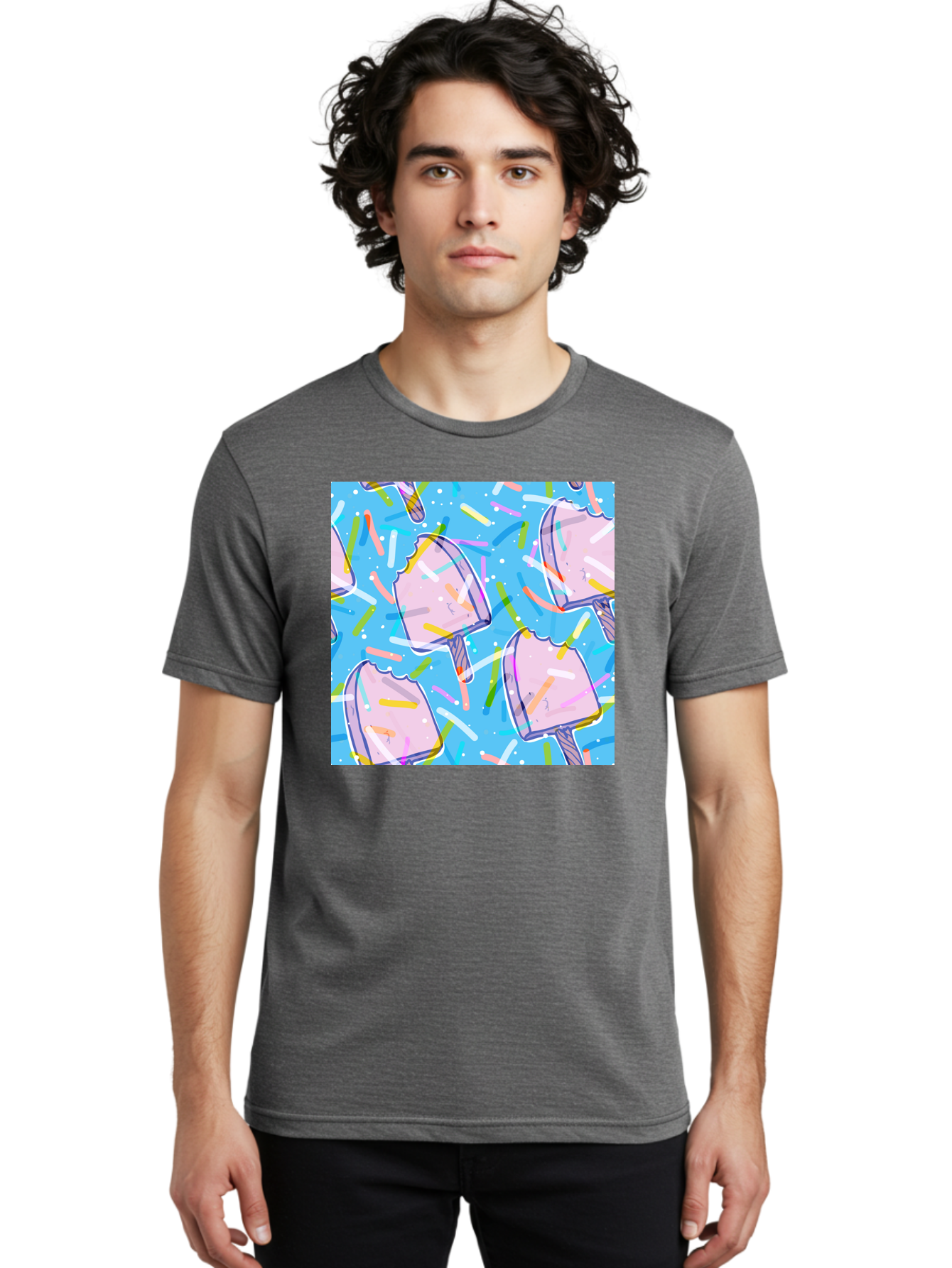 Pink-Popsicles Men'S Graphic Tee, 100% Cotton, Comfortable Casual Summer Wear, Machine Washable, Pink Ice Cream, Ice Pops, Colorful Sprinkles, Sweet Treats, Summer Fun, Candy Coating, Pastel Colors, Festive Atmosphere, Party Theme Aac412