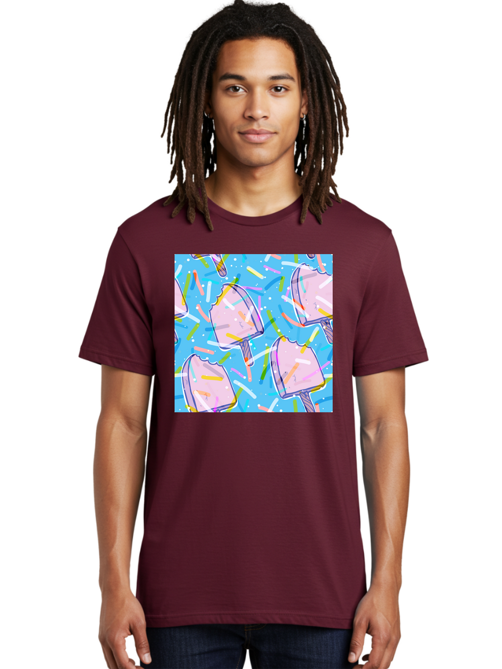 Pink-Popsicles Men'S Graphic Tee, 100% Cotton, Comfortable Casual Summer Wear, Machine Washable, Pink Ice Cream, Ice Pops, Colorful Sprinkles, Sweet Treats, Summer Fun, Candy Coating, Pastel Colors, Festive Atmosphere, Party Theme Aac412