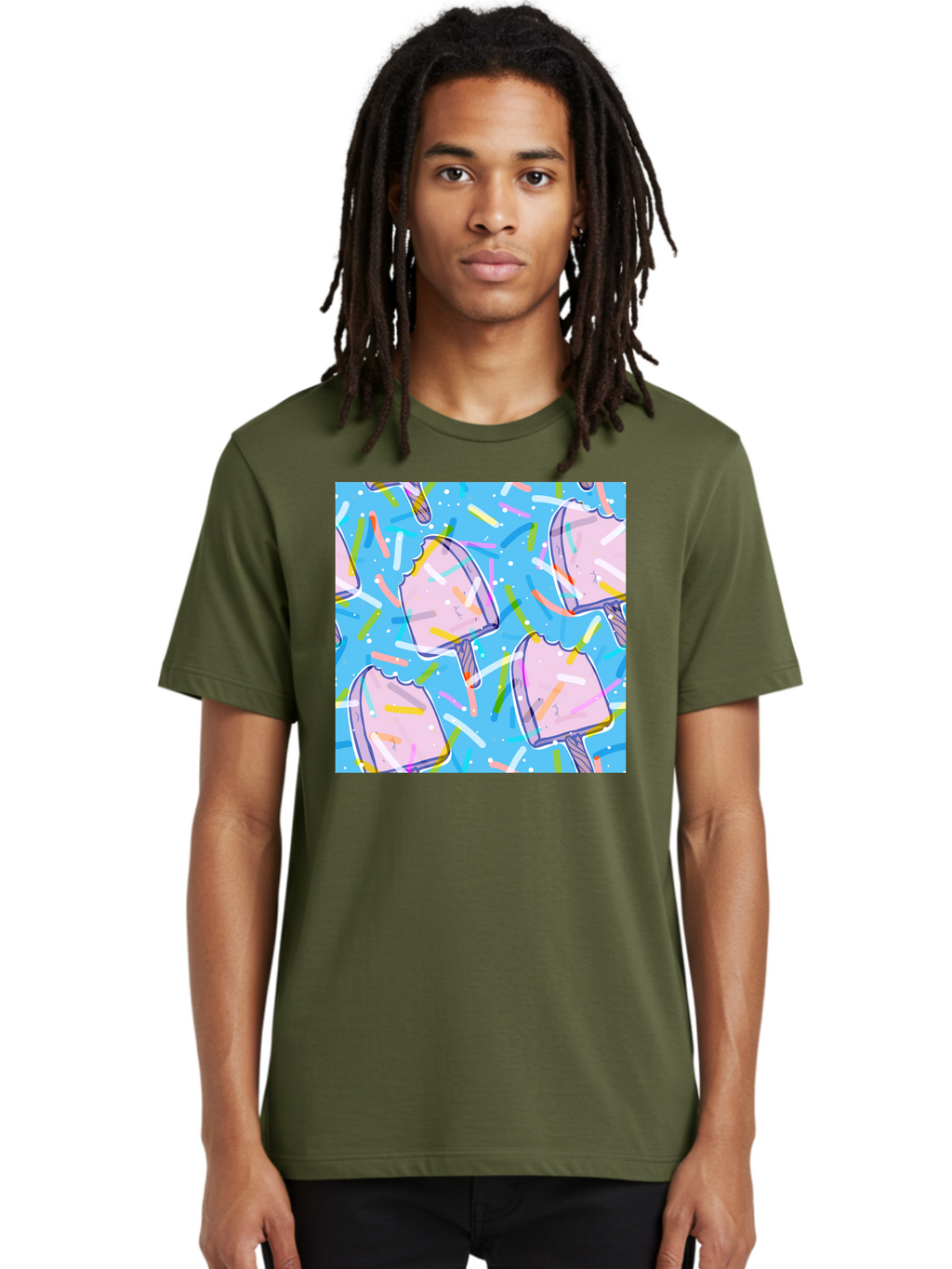 Pink-Popsicles Men'S Graphic Tee, 100% Cotton, Comfortable Casual Summer Wear, Machine Washable, Pink Ice Cream, Ice Pops, Colorful Sprinkles, Sweet Treats, Summer Fun, Candy Coating, Pastel Colors, Festive Atmosphere, Party Theme Aac412