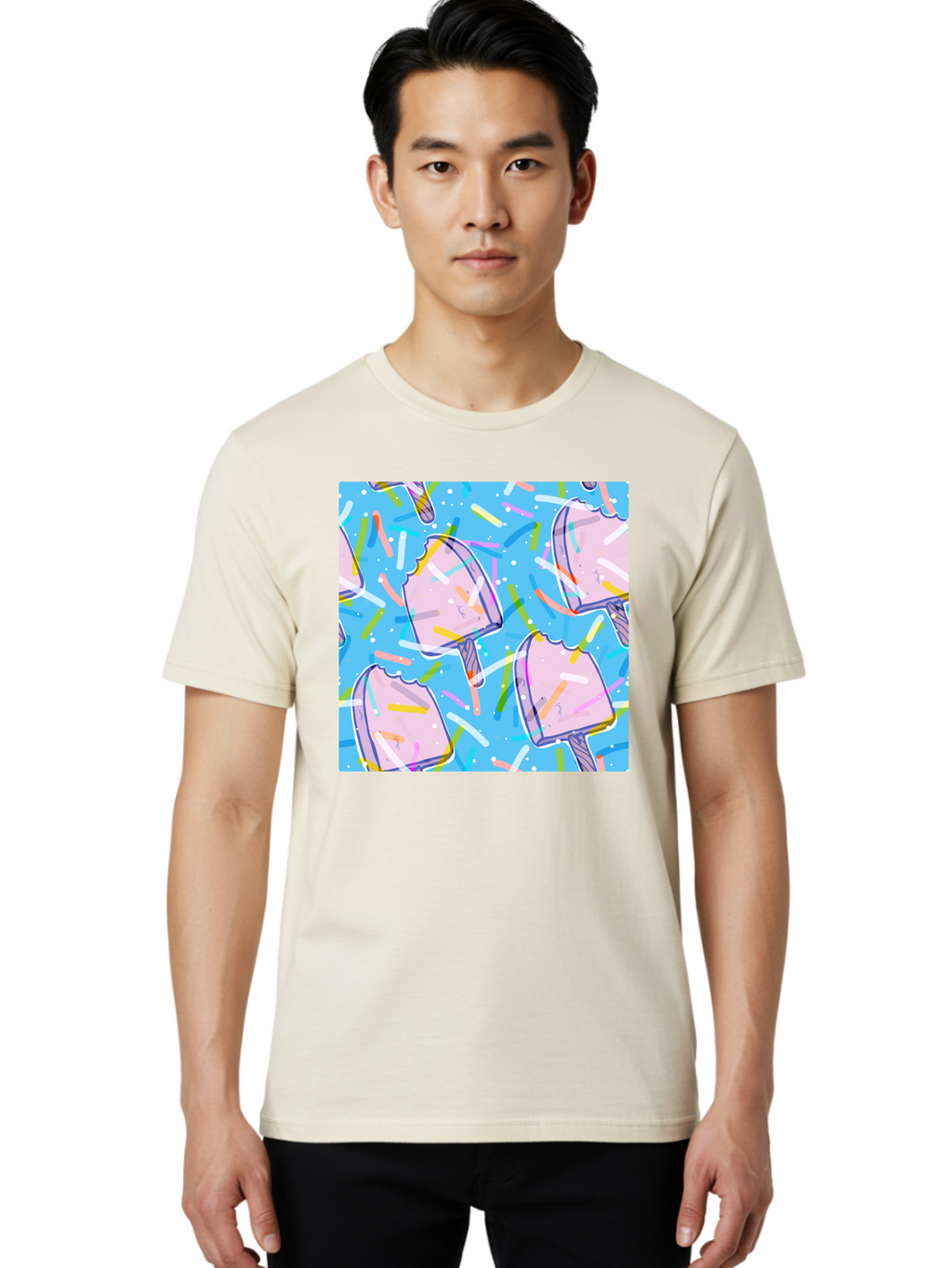 Pink-Popsicles Men'S Graphic Tee, 100% Cotton, Comfortable Casual Summer Wear, Machine Washable, Pink Ice Cream, Ice Pops, Colorful Sprinkles, Sweet Treats, Summer Fun, Candy Coating, Pastel Colors, Festive Atmosphere, Party Theme Aac412