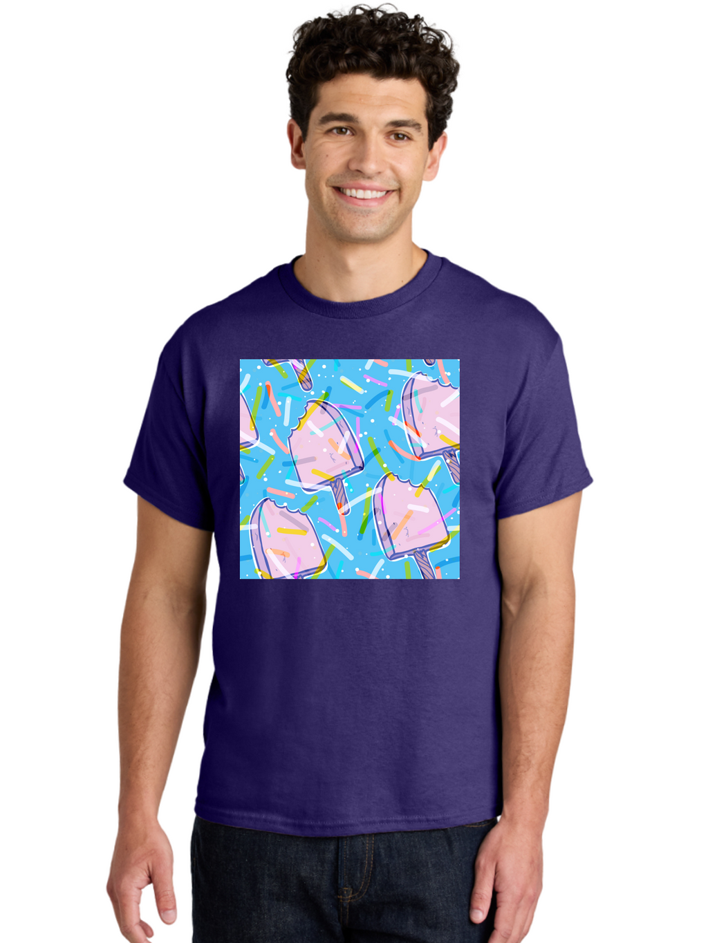 Pink-Popsicles Men'S Graphic Tee, 100% Cotton, Comfortable Casual Summer Wear, Machine Washable, Pink Ice Cream, Ice Pops, Colorful Sprinkles, Sweet Treats, Summer Fun, Candy Coating, Pastel Colors, Festive Atmosphere, Party Theme Aac412