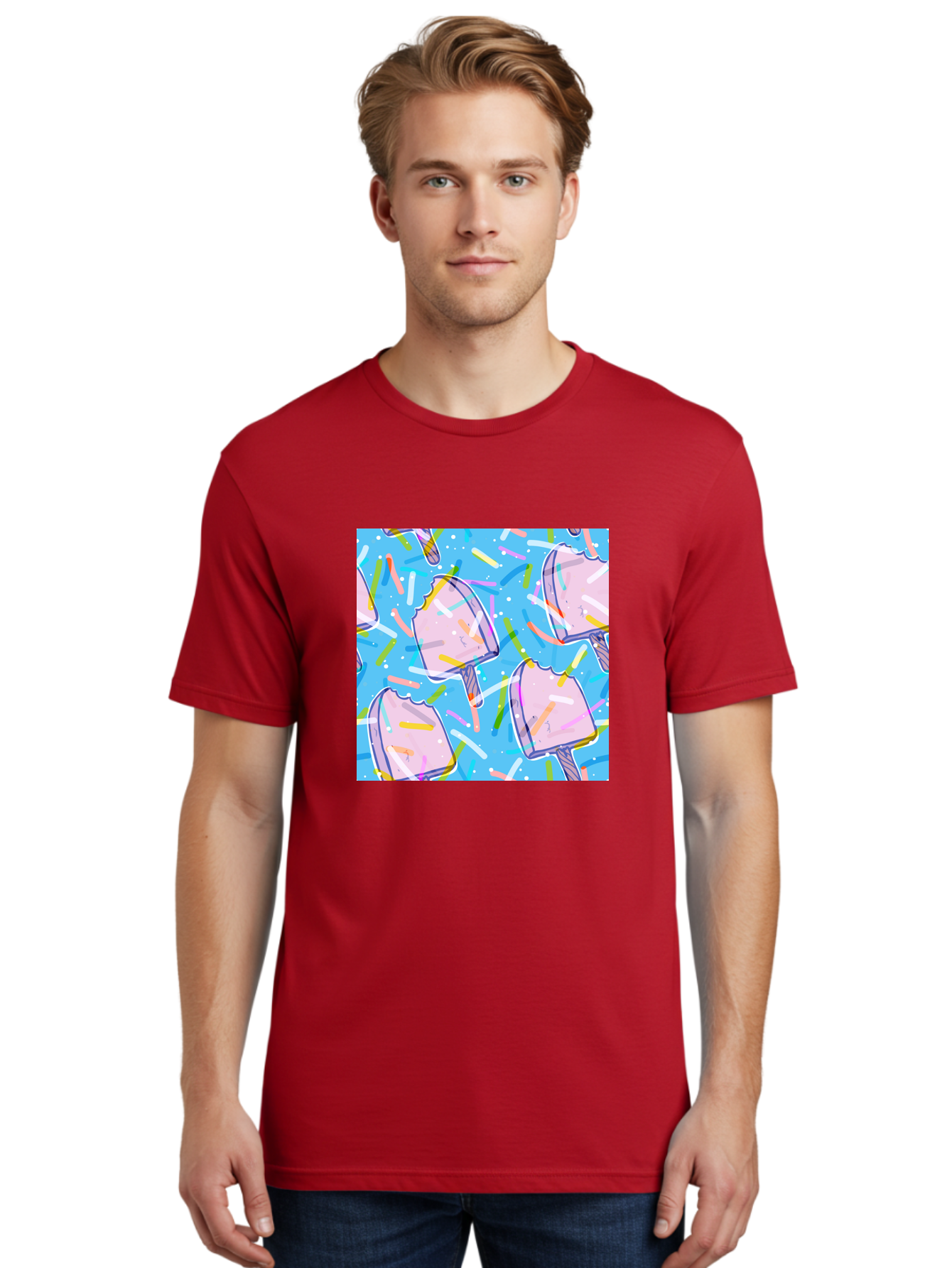 Pink-Popsicles Men'S Graphic Tee, 100% Cotton, Comfortable Casual Summer Wear, Machine Washable, Pink Ice Cream, Ice Pops, Colorful Sprinkles, Sweet Treats, Summer Fun, Candy Coating, Pastel Colors, Festive Atmosphere, Party Theme Aac412