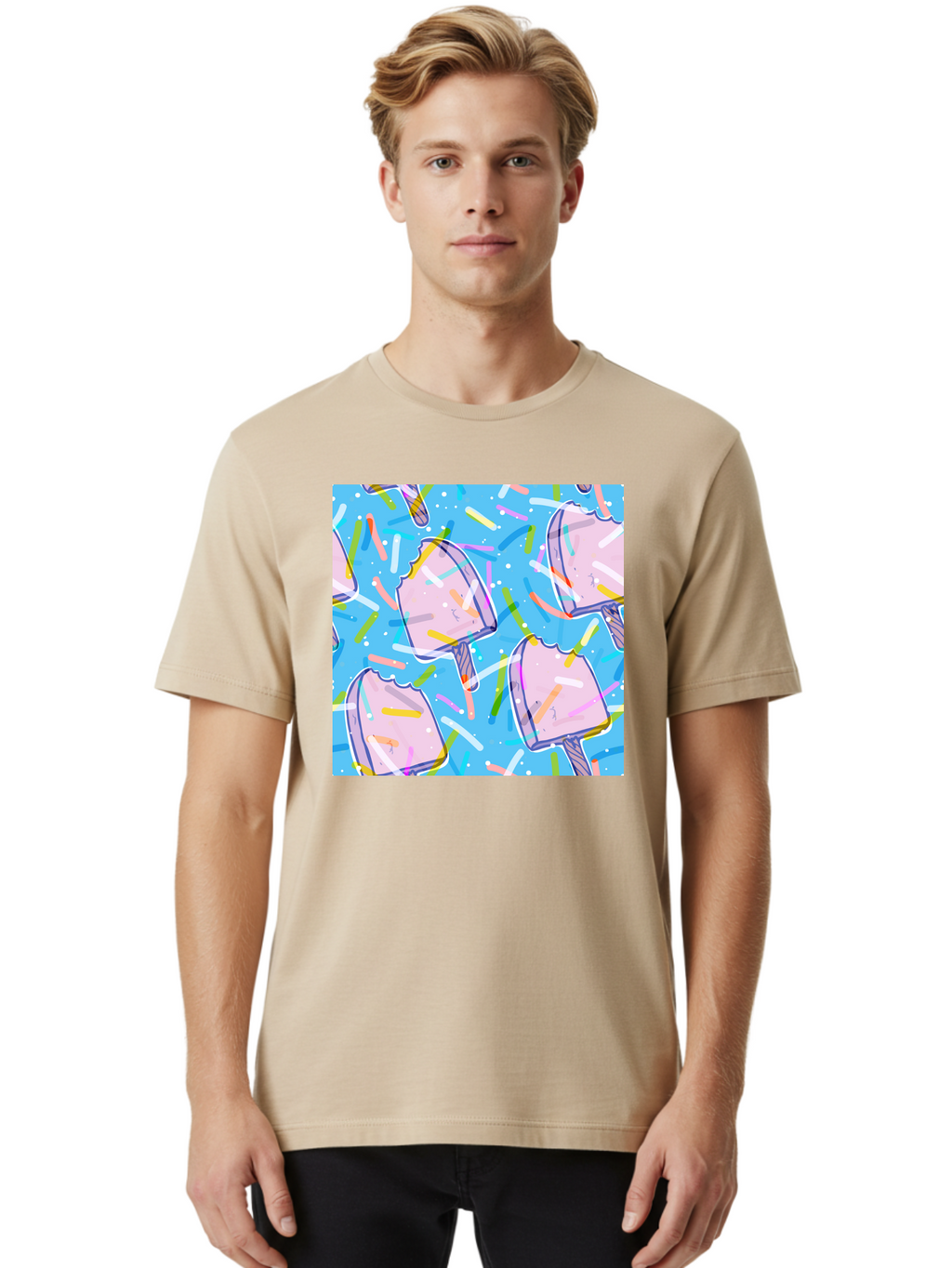 Pink-Popsicles Men'S Graphic Tee, 100% Cotton, Comfortable Casual Summer Wear, Machine Washable, Pink Ice Cream, Ice Pops, Colorful Sprinkles, Sweet Treats, Summer Fun, Candy Coating, Pastel Colors, Festive Atmosphere, Party Theme Aac412