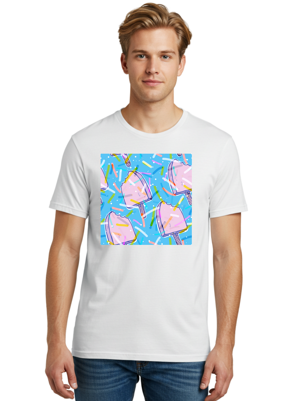 Pink-Popsicles Men'S Graphic Tee, 100% Cotton, Comfortable Casual Summer Wear, Machine Washable, Pink Ice Cream, Ice Pops, Colorful Sprinkles, Sweet Treats, Summer Fun, Candy Coating, Pastel Colors, Festive Atmosphere, Party Theme Aac412