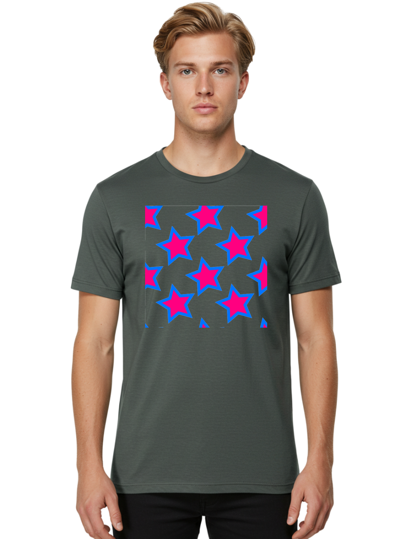 Pink-Stars-Pattern Men'S Graphic Tee, 100% Cotton, Comfortable Casual Summer Wear, Machine Washable, Pink Stars, Blue Outline, Yellow Background, Repeating Pattern, Festive Design, Bright Colors, Fun Graphics, Star Pattern, Aac413