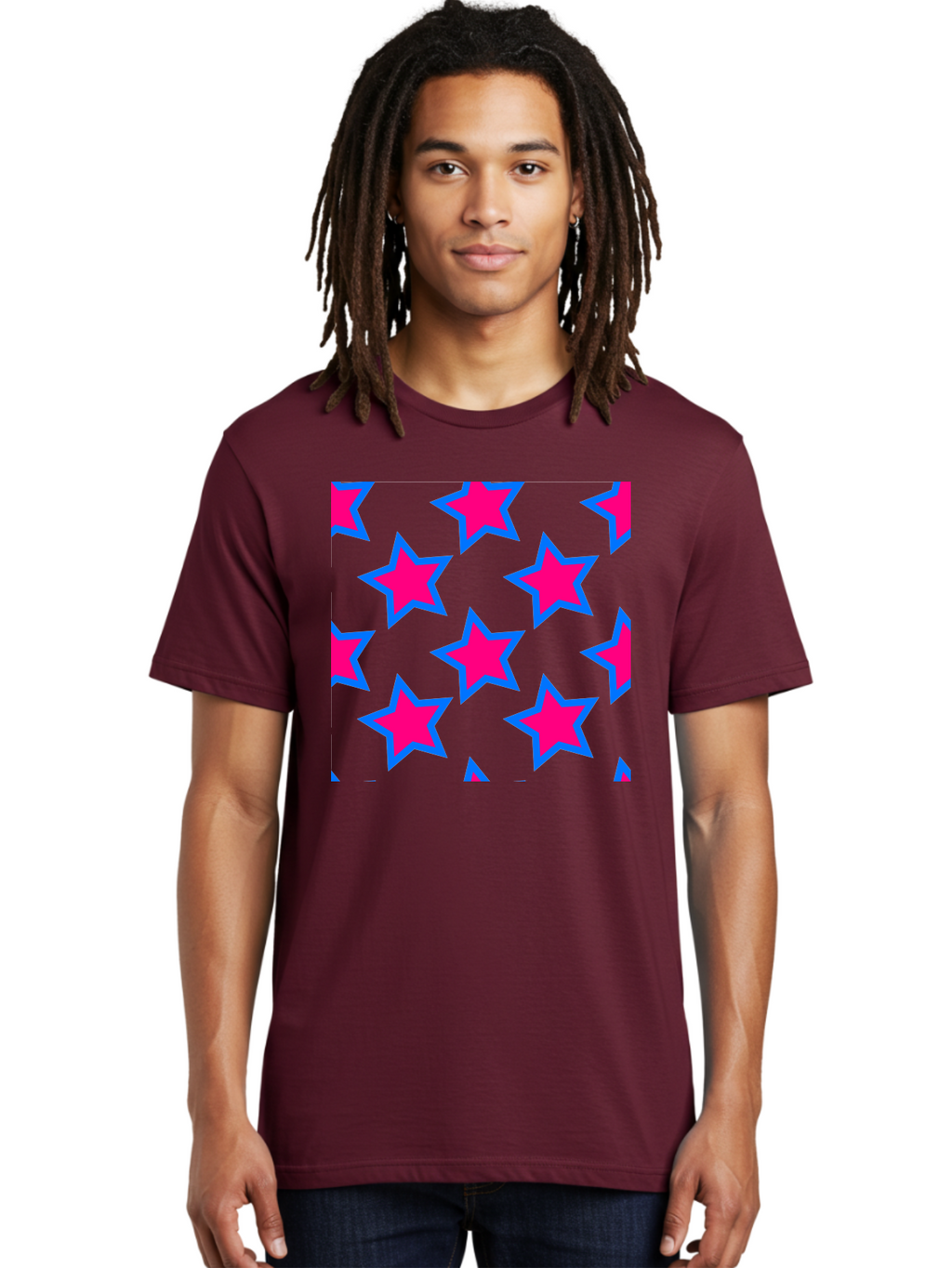 Pink-Stars-Pattern Men'S Graphic Tee, 100% Cotton, Comfortable Casual Summer Wear, Machine Washable, Pink Stars, Blue Outline, Yellow Background, Repeating Pattern, Festive Design, Bright Colors, Fun Graphics, Star Pattern, Aac413