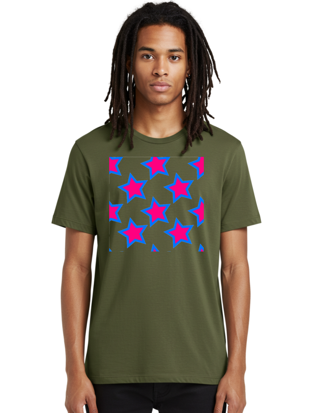 Pink-Stars-Pattern Men'S Graphic Tee, 100% Cotton, Comfortable Casual Summer Wear, Machine Washable, Pink Stars, Blue Outline, Yellow Background, Repeating Pattern, Festive Design, Bright Colors, Fun Graphics, Star Pattern, Aac413