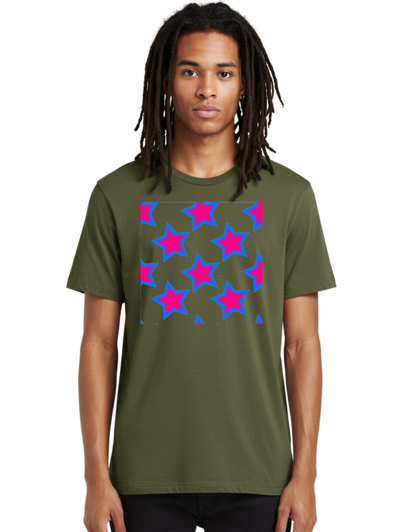 Pink-Stars-Pattern Men'S Graphic Tee, 100% Cotton, Comfortable Casual Summer Wear, Machine Washable, Pink Stars, Blue Outline, Yellow Background, Repeating Pattern, Festive Design, Bright Colors, Fun Graphics, Star Pattern, Aac413