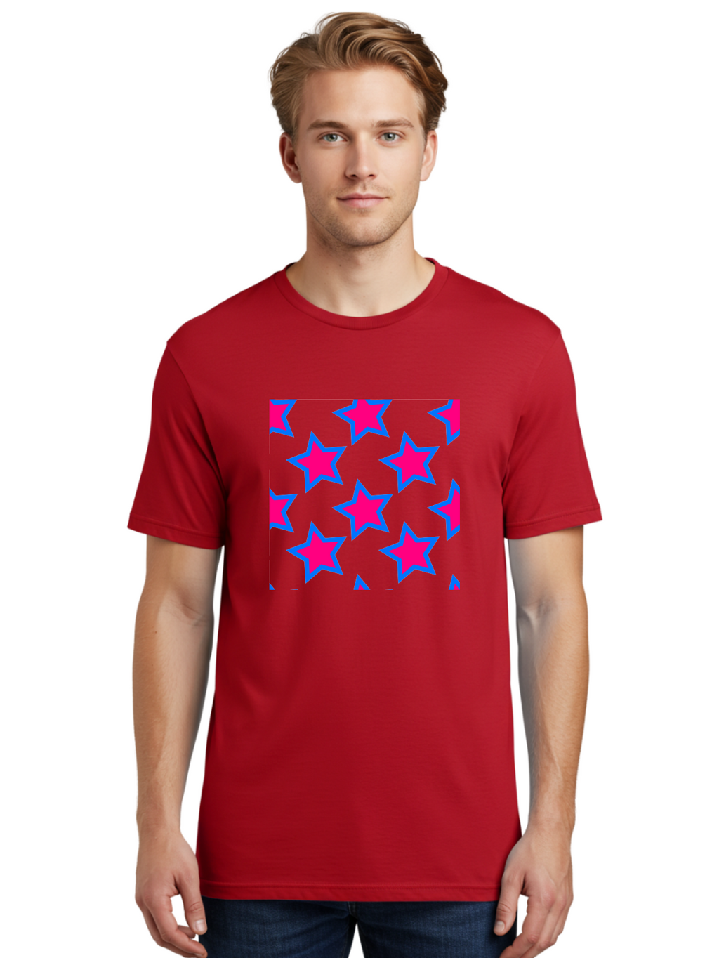 Pink-Stars-Pattern Men'S Graphic Tee, 100% Cotton, Comfortable Casual Summer Wear, Machine Washable, Pink Stars, Blue Outline, Yellow Background, Repeating Pattern, Festive Design, Bright Colors, Fun Graphics, Star Pattern, Aac413