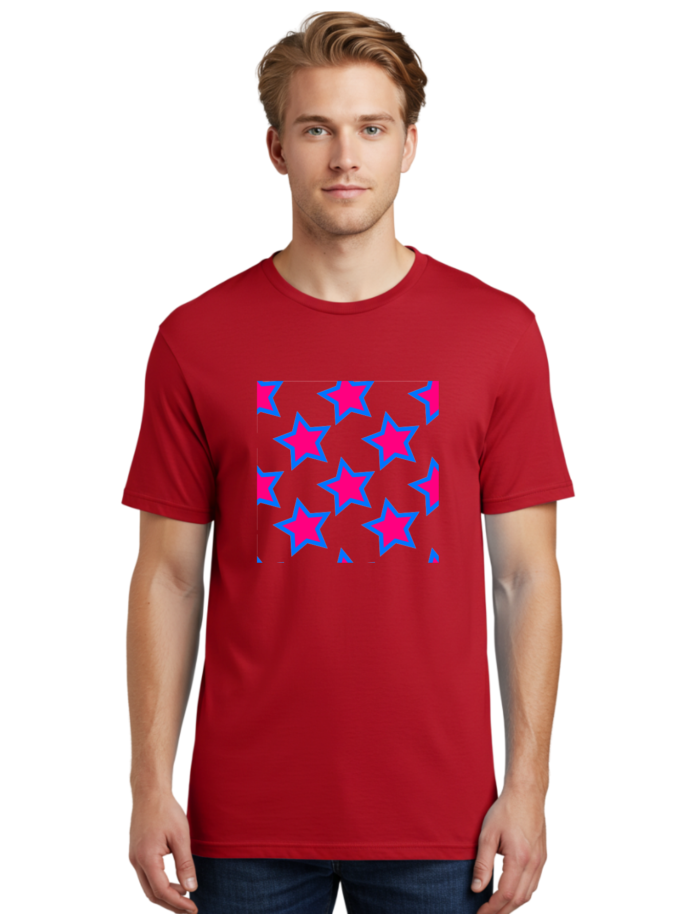 Pink-Stars-Pattern Men'S Graphic Tee, 100% Cotton, Comfortable Casual Summer Wear, Machine Washable, Pink Stars, Blue Outline, Yellow Background, Repeating Pattern, Festive Design, Bright Colors, Fun Graphics, Star Pattern, Aac413