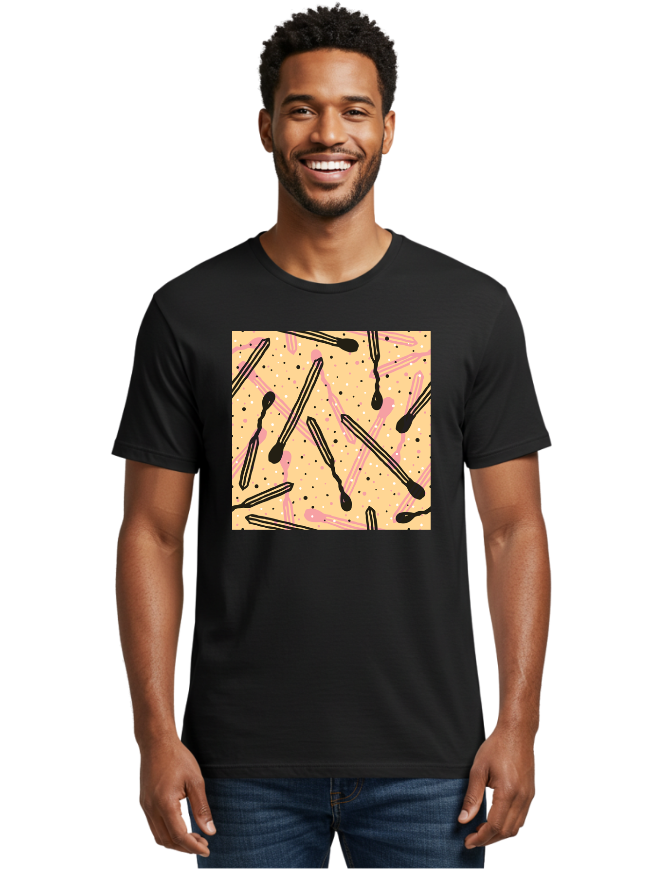 Pipettes Men'S Graphic Tee, 100% Cotton, Comfortable Casual Summer Wear, Machine Washable, Lip Gloss, Makeup, Beauty Products, Cosmetic Design, Abstract Pattern, Trendy Colors, Pink And Black Accents, Yellow Background, Fashion Texture, Aac414