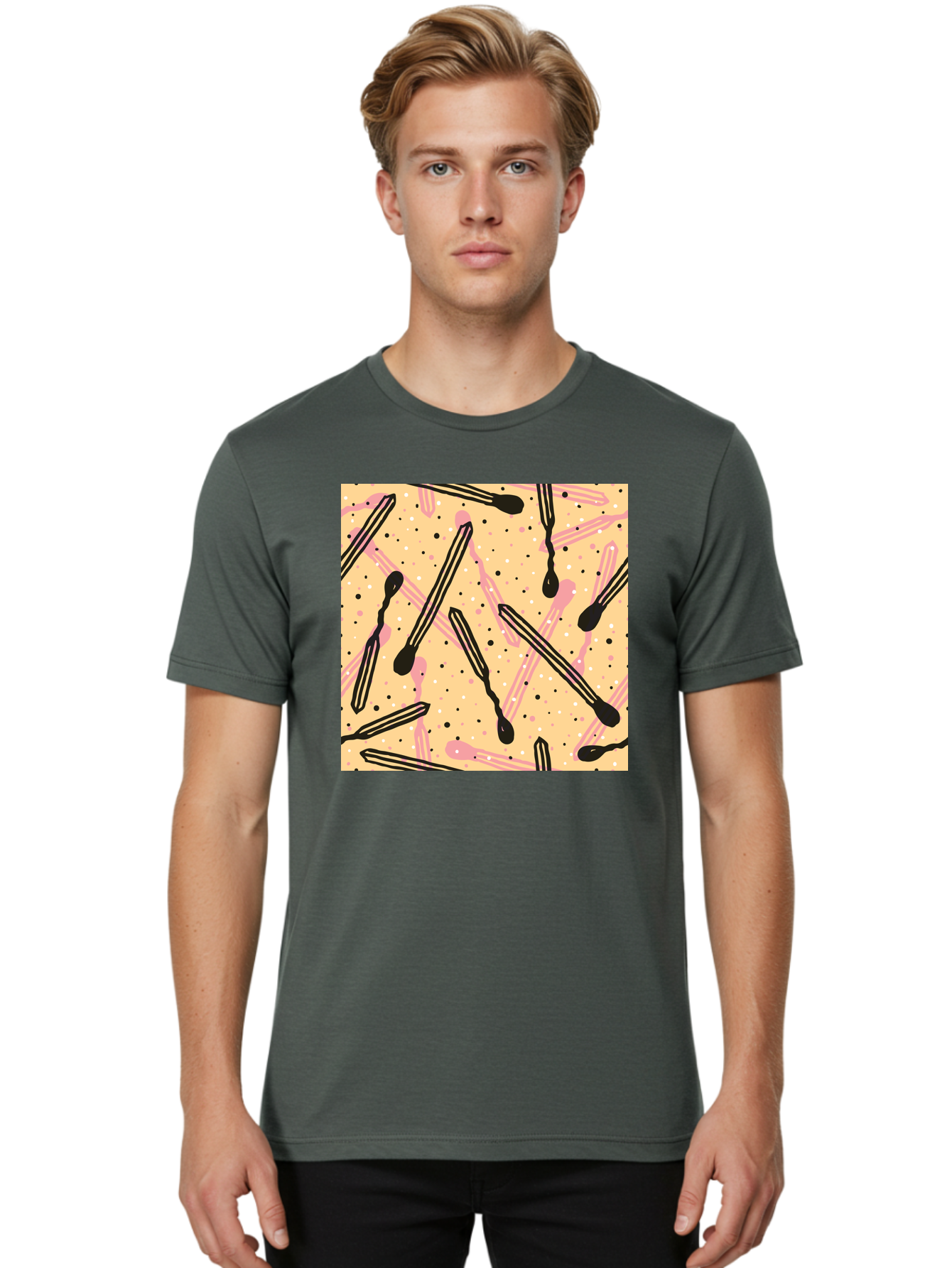 Pipettes Men'S Graphic Tee, 100% Cotton, Comfortable Casual Summer Wear, Machine Washable, Lip Gloss, Makeup, Beauty Products, Cosmetic Design, Abstract Pattern, Trendy Colors, Pink And Black Accents, Yellow Background, Fashion Texture, Aac414