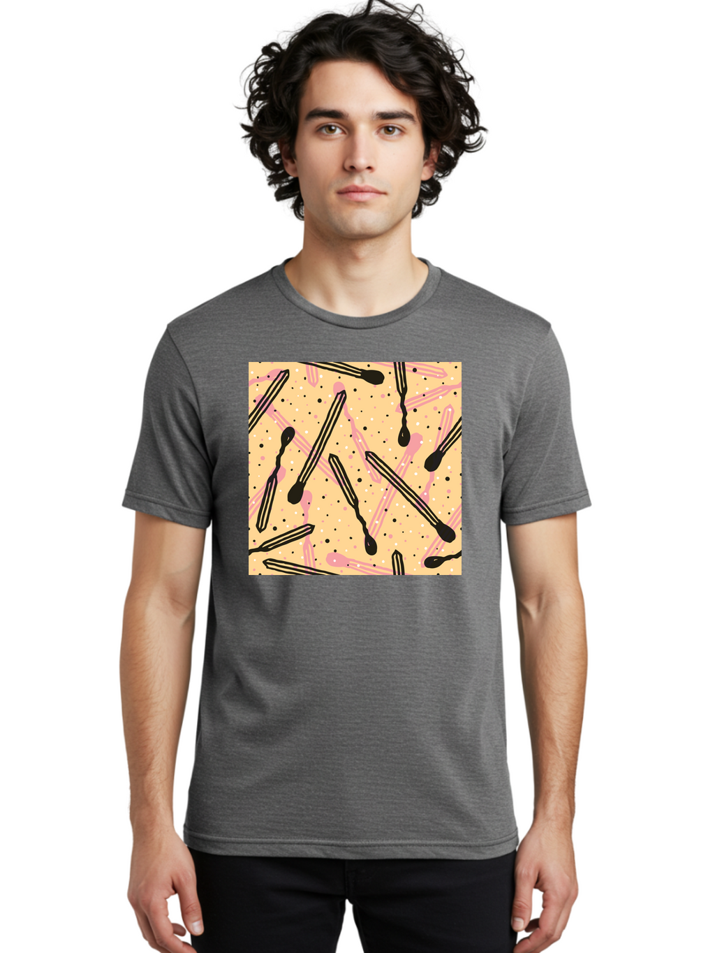 Pipettes Men'S Graphic Tee, 100% Cotton, Comfortable Casual Summer Wear, Machine Washable, Lip Gloss, Makeup, Beauty Products, Cosmetic Design, Abstract Pattern, Trendy Colors, Pink And Black Accents, Yellow Background, Fashion Texture, Aac414