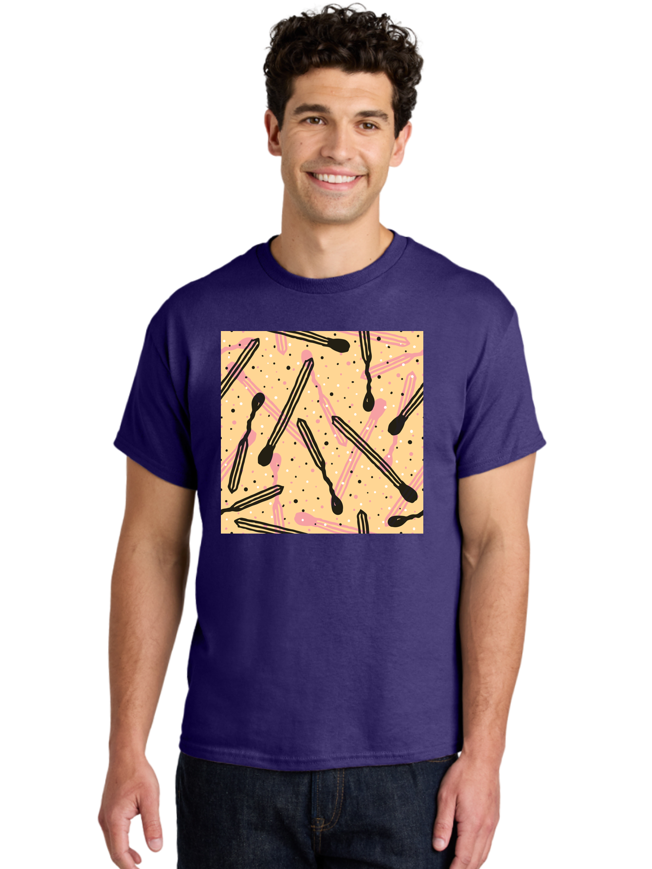 Pipettes Men'S Graphic Tee, 100% Cotton, Comfortable Casual Summer Wear, Machine Washable, Lip Gloss, Makeup, Beauty Products, Cosmetic Design, Abstract Pattern, Trendy Colors, Pink And Black Accents, Yellow Background, Fashion Texture, Aac414