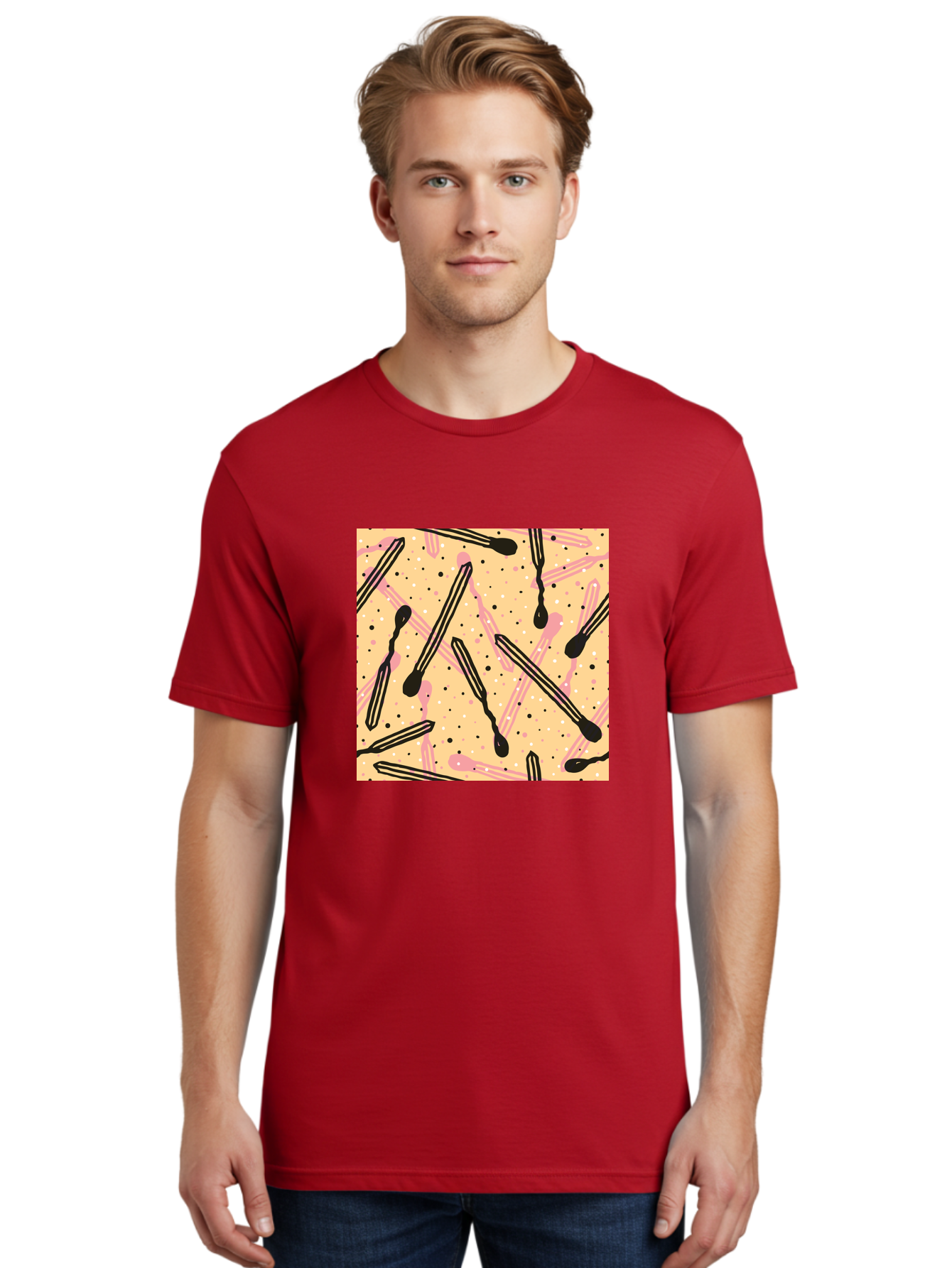 Pipettes Men'S Graphic Tee, 100% Cotton, Comfortable Casual Summer Wear, Machine Washable, Lip Gloss, Makeup, Beauty Products, Cosmetic Design, Abstract Pattern, Trendy Colors, Pink And Black Accents, Yellow Background, Fashion Texture, Aac414