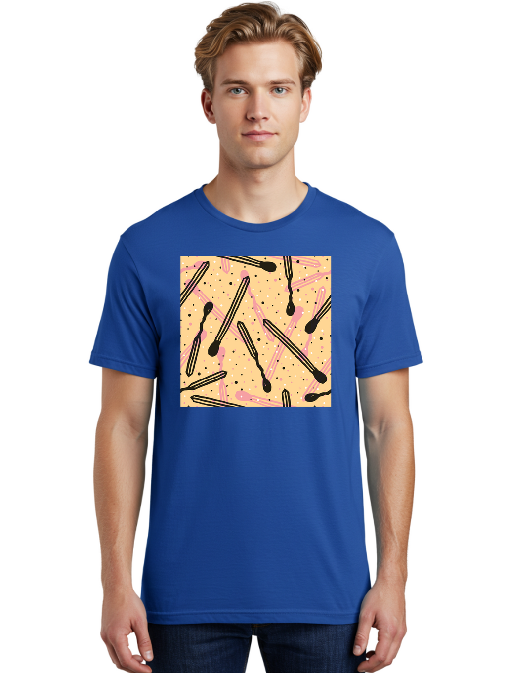 Pipettes Men'S Graphic Tee, 100% Cotton, Comfortable Casual Summer Wear, Machine Washable, Lip Gloss, Makeup, Beauty Products, Cosmetic Design, Abstract Pattern, Trendy Colors, Pink And Black Accents, Yellow Background, Fashion Texture, Aac414