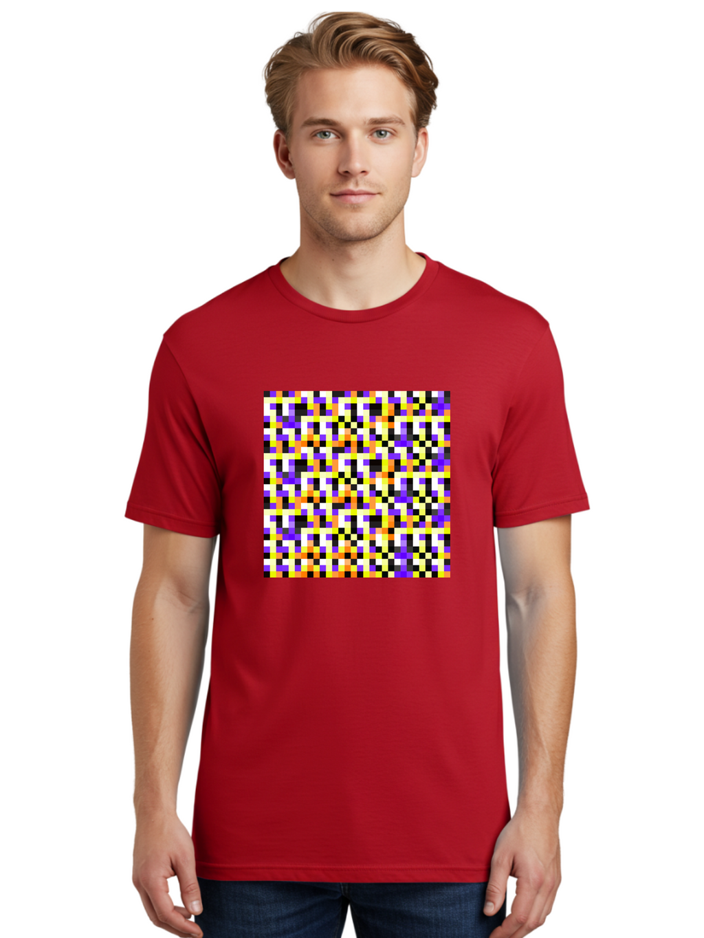 Pixel-Art-Pattern Men'S Graphic Tee, 100% Cotton, Comfortable Casual Summer Wear, Machine Washable, Vibrant Pixel Art, Colorful Pattern, Digital Design, Abstract Art, Bright Colors, Yellow, Orange, Purple, Black, White, Geometric Shapes, Aac415