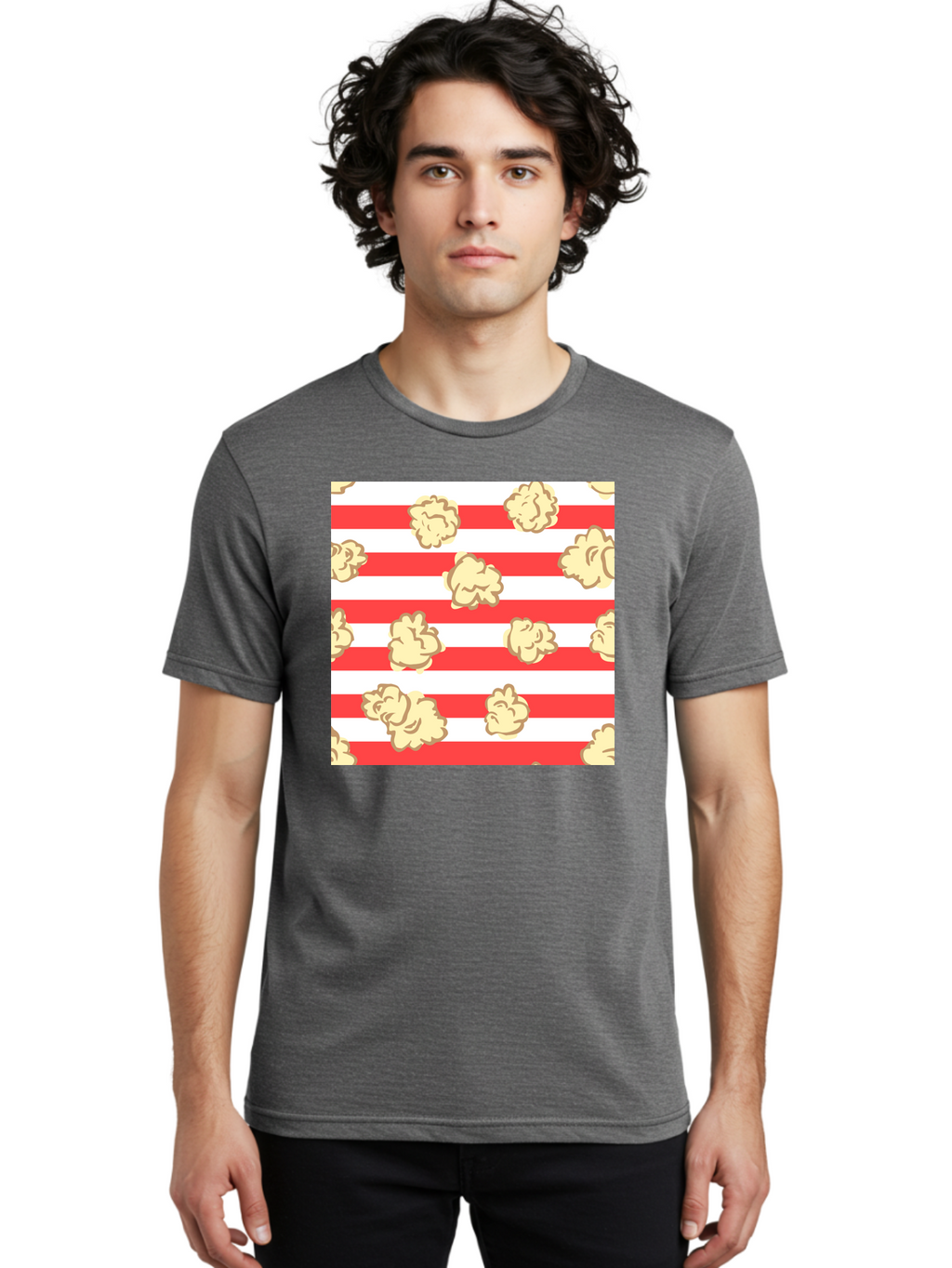 Popcorn-Stripes Men'S Graphic Tee, 100% Cotton, Comfortable Casual Summer Wear, Machine Washable, Popcorn, Red And White Stripes, Movie Snack, Cinematic Treats, Yellow Popcorn, Striped Background, Popcorn Illustration, Snack Time, Film Night, Aac416