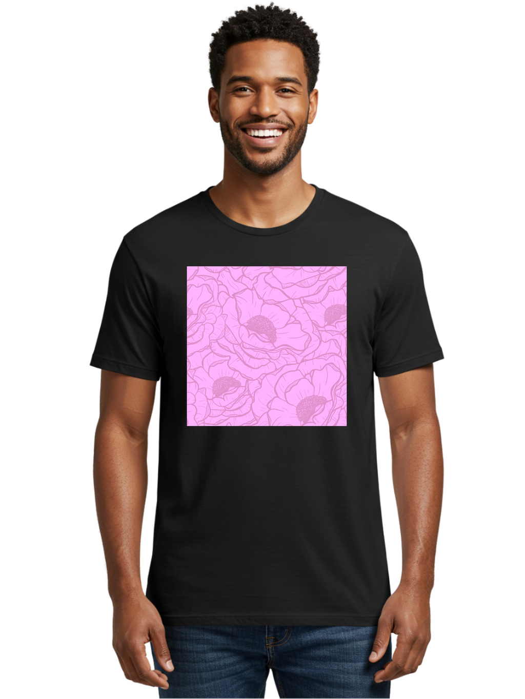 Poppies Men'S Graphic Tee, 100% Cotton, Comfortable Casual Summer Wear, Machine Washable, Pink Flowers, Floral Pattern, Delicate Petals, Intricate Details, Soft Pink Hue, Feminine Design, Bohemian Style, Wallpaper, Pastel Colors, Aac417