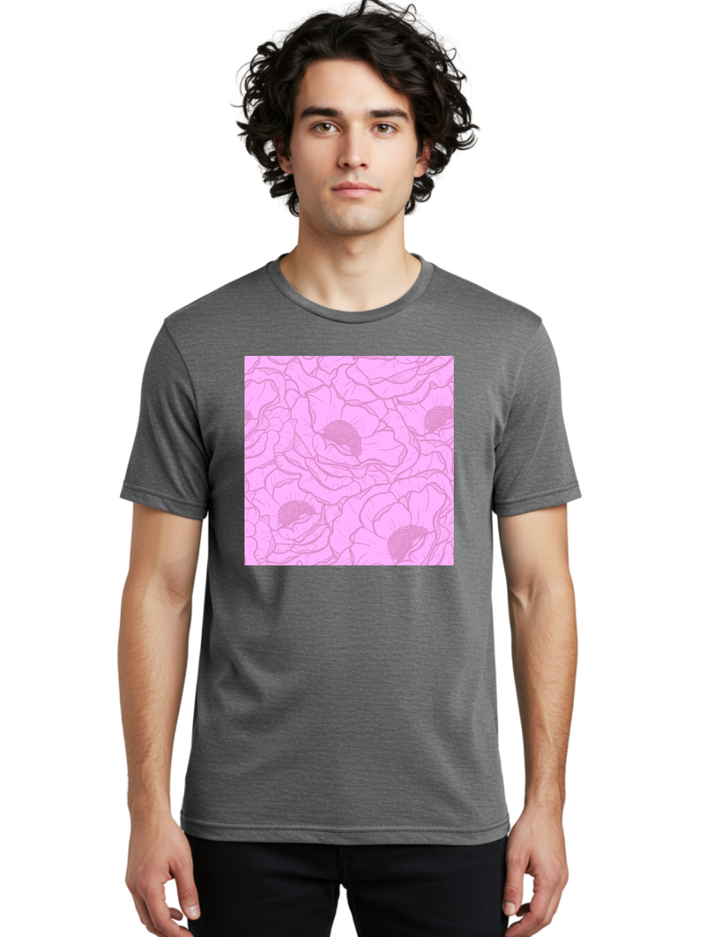 Poppies Men'S Graphic Tee, 100% Cotton, Comfortable Casual Summer Wear, Machine Washable, Pink Flowers, Floral Pattern, Delicate Petals, Intricate Details, Soft Pink Hue, Feminine Design, Bohemian Style, Wallpaper, Pastel Colors, Aac417