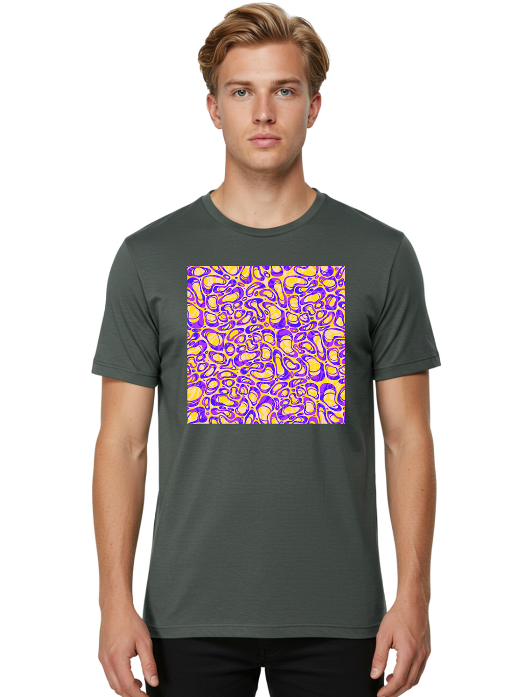 Purple-And-Yellow-Swirl Men'S Graphic Tee, 100% Cotton, Comfortable Casual Summer Wear, Machine Washable, Amethyst And Lemon Swirly Pattern, Abstract Design, Vibrant Purple, Yellow Shapes, Organic Texture, Mesmerizing Visual Effect, Aac418