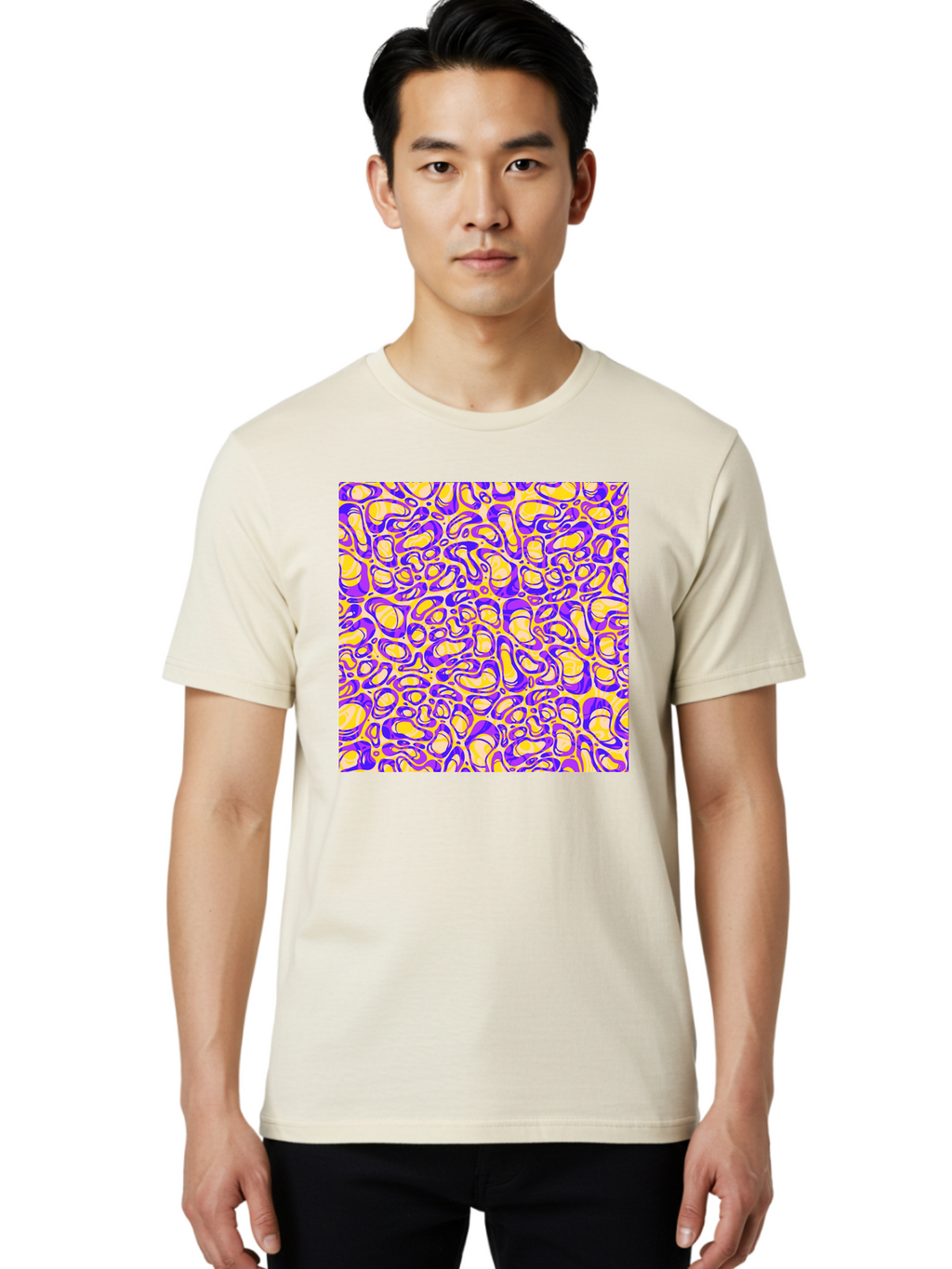 Purple-And-Yellow-Swirl Men'S Graphic Tee, 100% Cotton, Comfortable Casual Summer Wear, Machine Washable, Amethyst And Lemon Swirly Pattern, Abstract Design, Vibrant Purple, Yellow Shapes, Organic Texture, Mesmerizing Visual Effect, Aac418