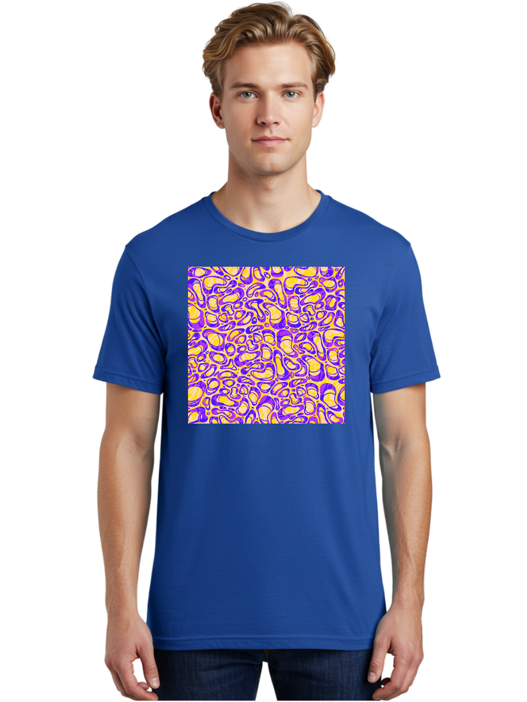 Purple-And-Yellow-Swirl Men'S Graphic Tee, 100% Cotton, Comfortable Casual Summer Wear, Machine Washable, Amethyst And Lemon Swirly Pattern, Abstract Design, Vibrant Purple, Yellow Shapes, Organic Texture, Mesmerizing Visual Effect, Aac418