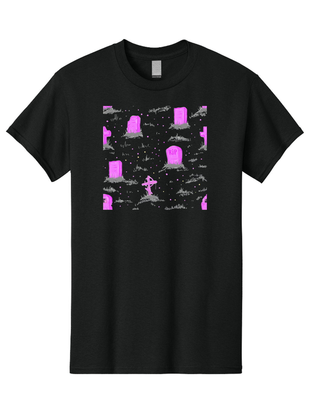 Rip-Graveyard Men'S Graphic Tee, 100% Cotton, Comfortable Casual Summer Wear, Machine Washable, Graveyard Scene, Pink Tombstones, Rip Inscription, Graveyard Crosses, Kawaii Style, Halloween Theme, Cartoonish Illustration, Pastel Colors, Aac419